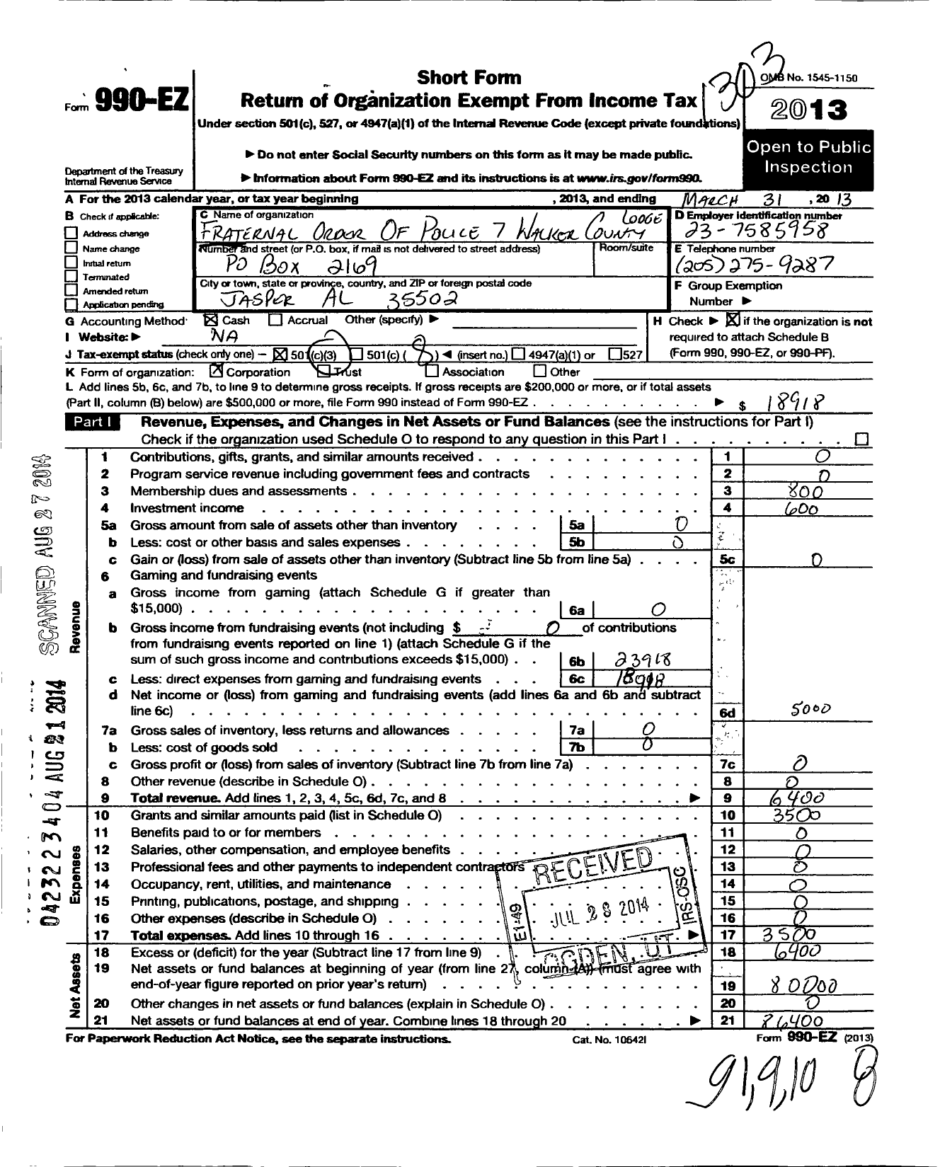 Image of first page of 2012 Form 990EO for Fraternal Order of Police - 7 Walker County Lodge