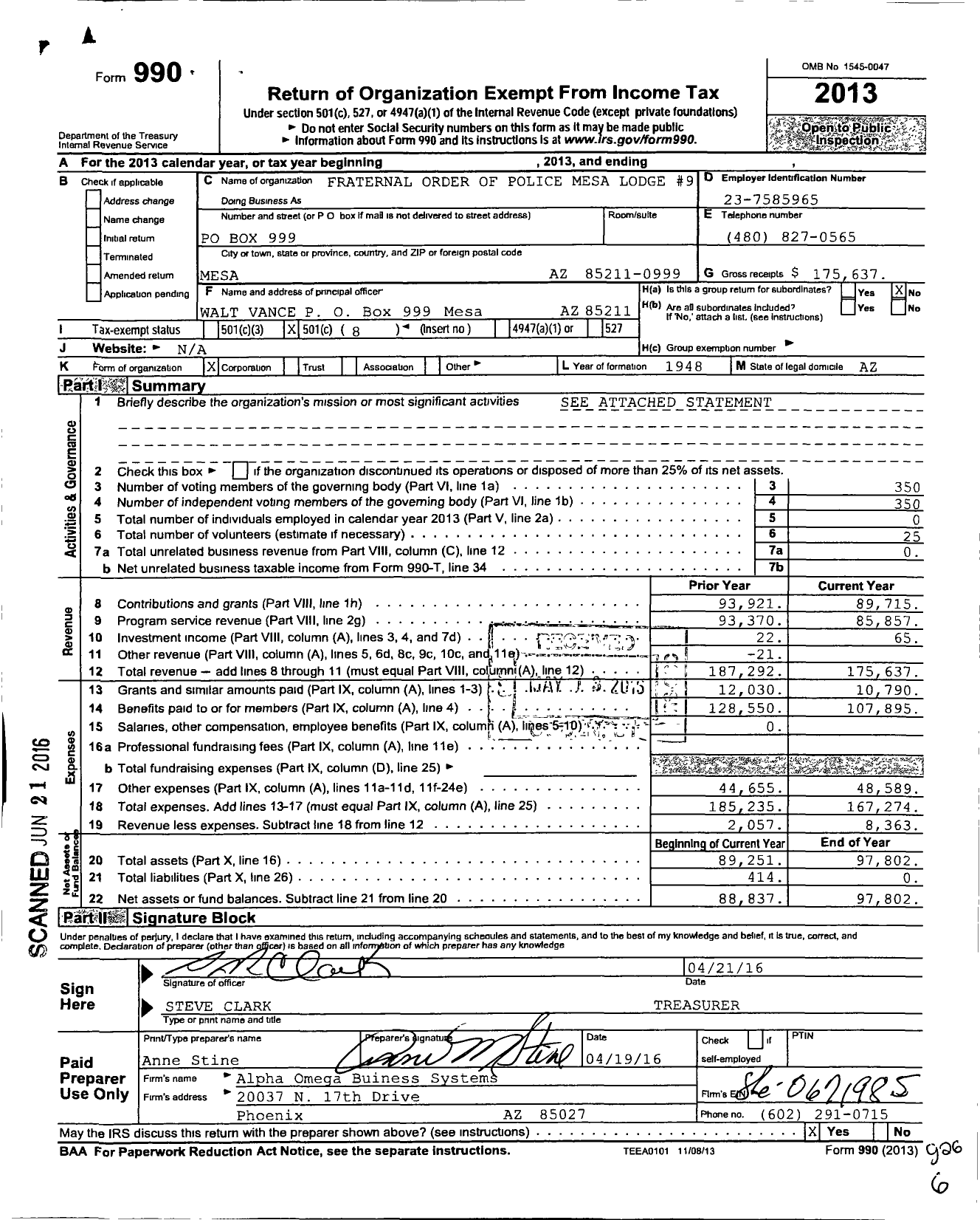 Image of first page of 2015 Form 990O for Fraternal Order of Police Mesa Lodge 9