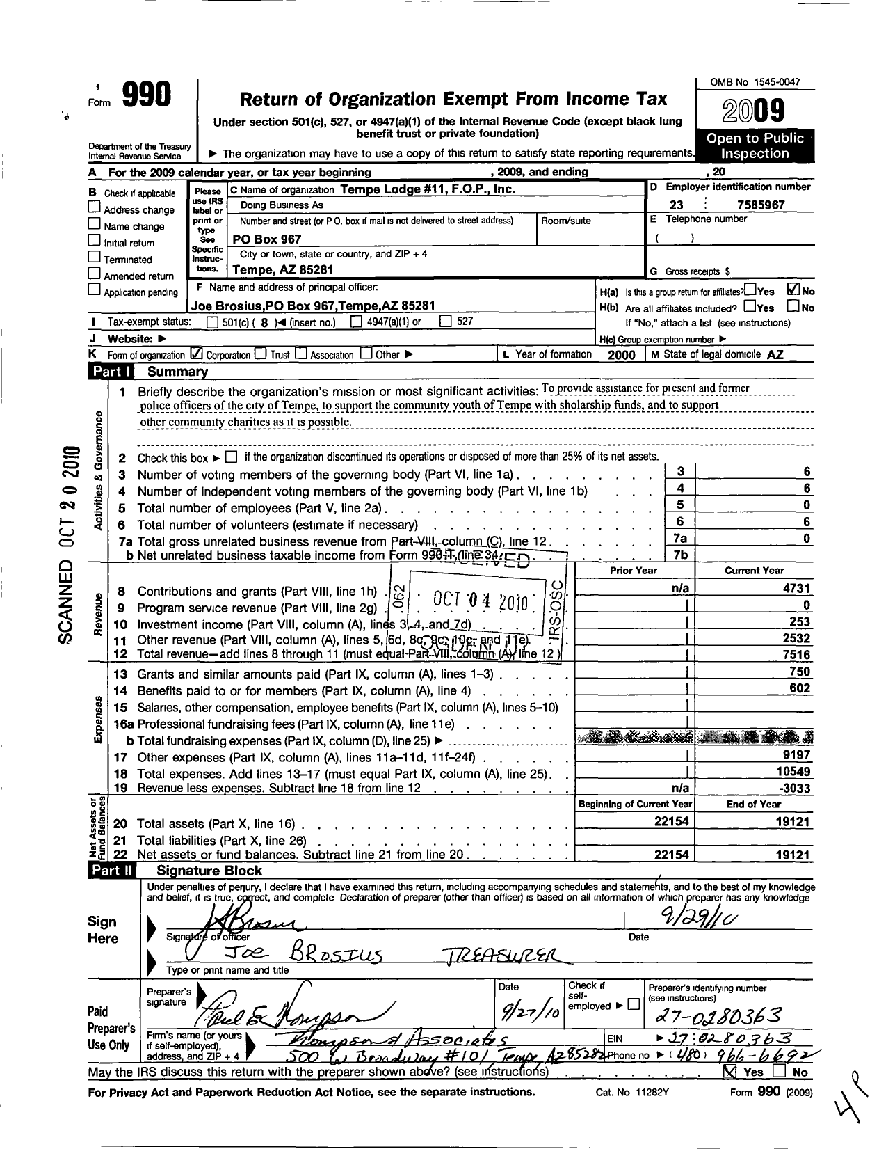 Image of first page of 2009 Form 990O for Fraternal Order of Police - 11 Tempe Lodge