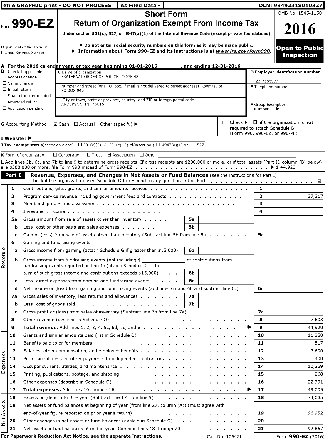 Image of first page of 2016 Form 990EO for Fraternal Order of Police Lodge 48