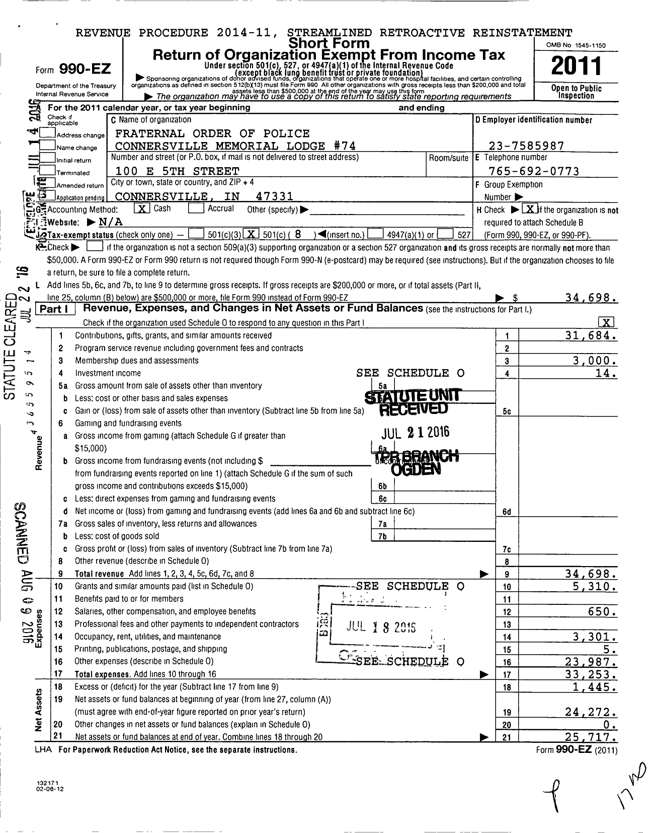 Image of first page of 2011 Form 990EO for Fraternal Order of Police Connersville Memorial Lodge #74