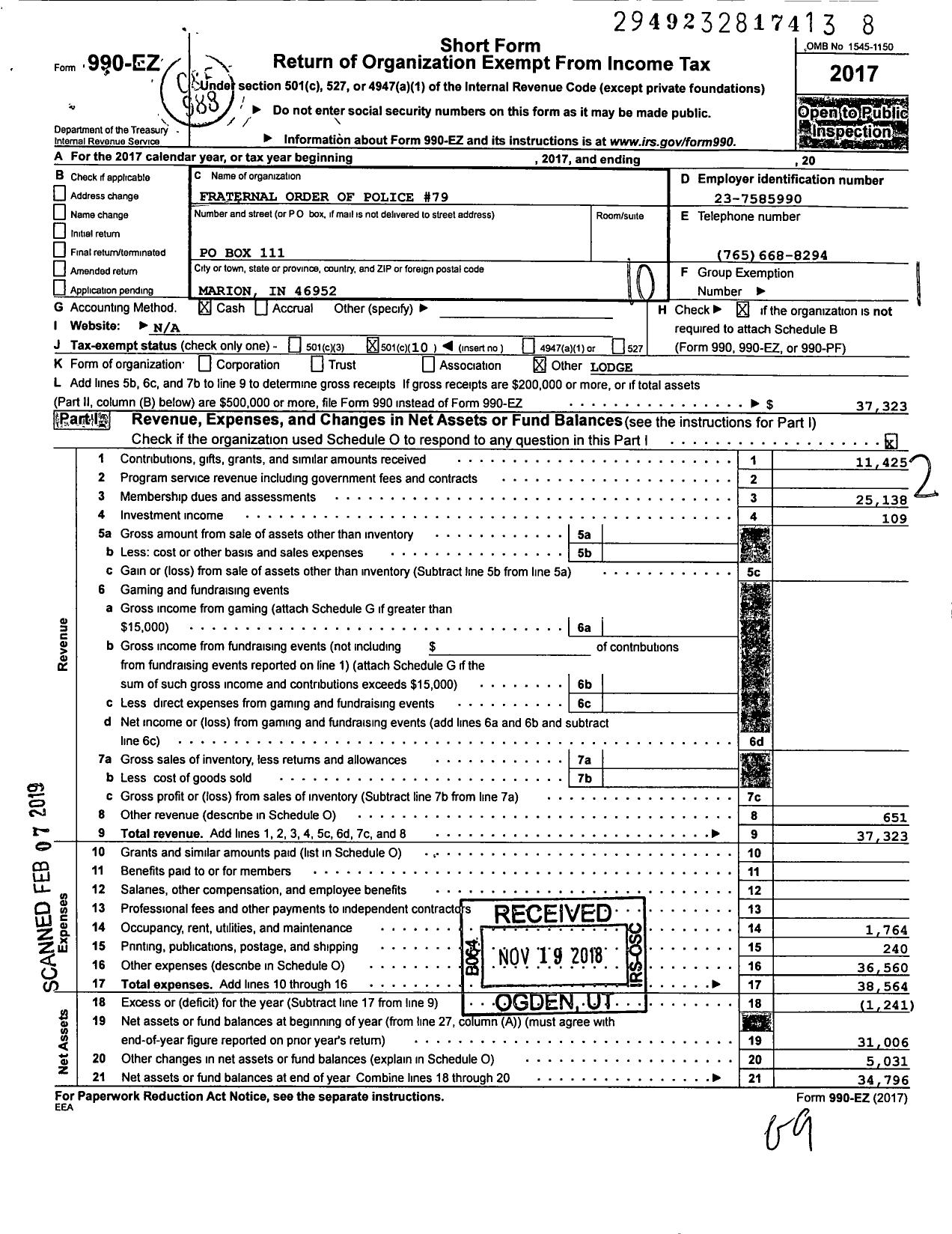 Image of first page of 2017 Form 990EO for Fraternal Order of Police - 79 Martin Boots Lodge