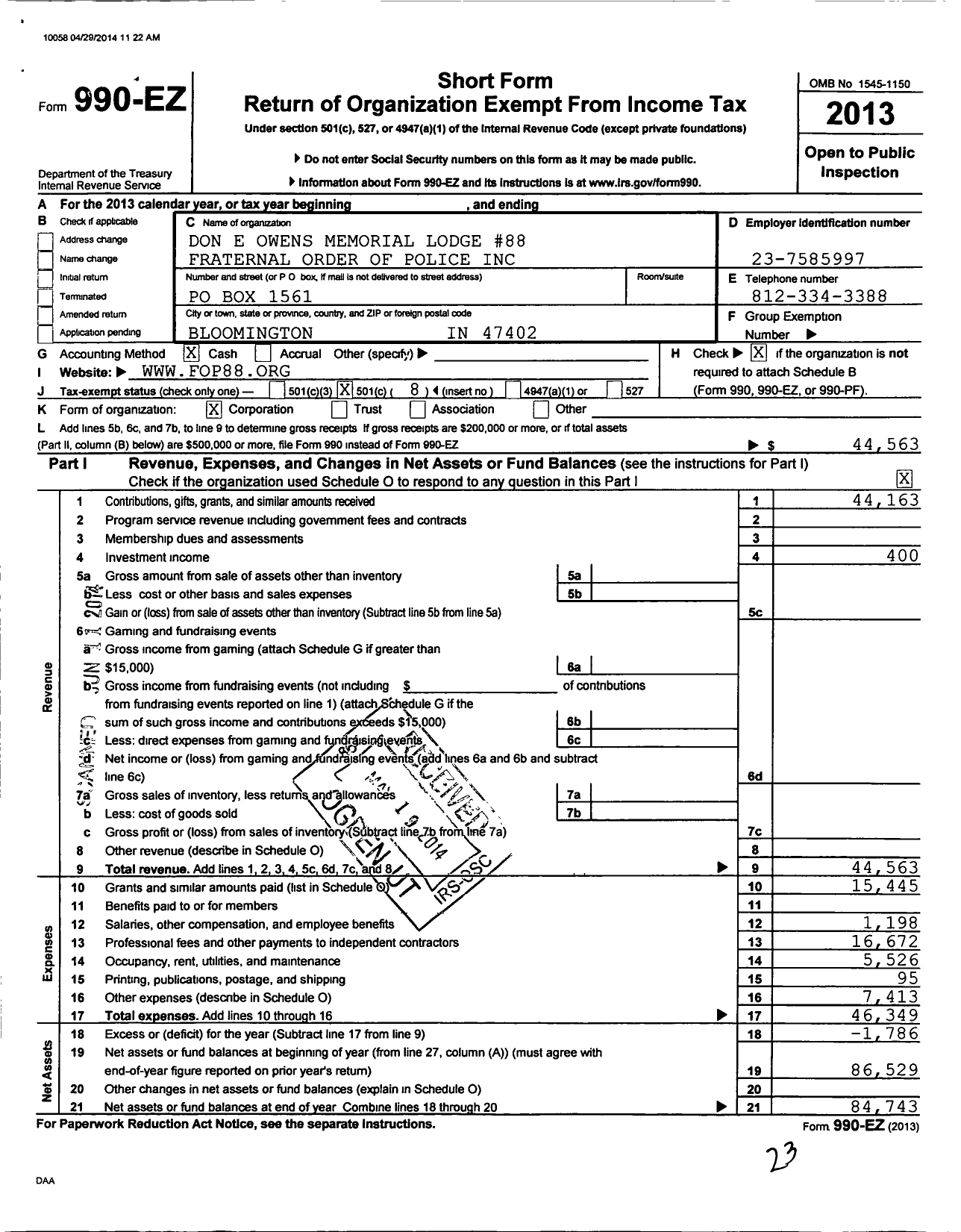 Image of first page of 2013 Form 990EO for Don E Owens Memorial Lodge 88 Fraternal Order of Police