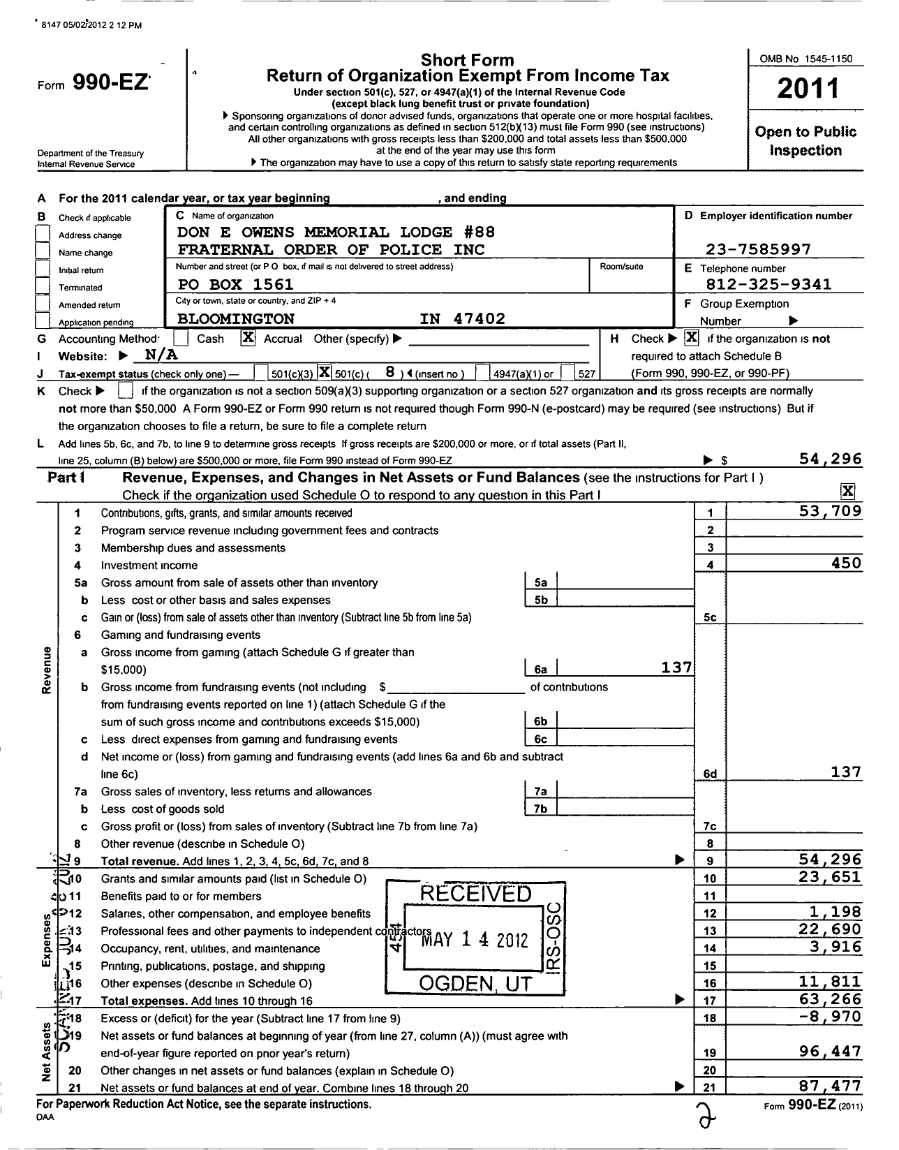 Image of first page of 2011 Form 990EO for Fraternal Order of Police - 88 Donald E Owens Memorial