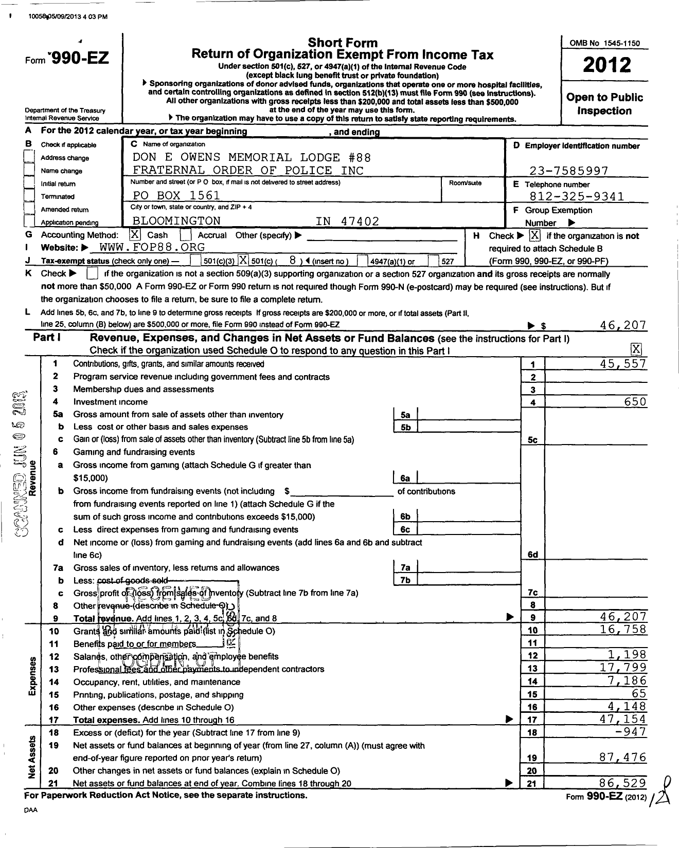 Image of first page of 2012 Form 990EO for Don E Owens Memorial Lodge 88 Fraternal Order of Police