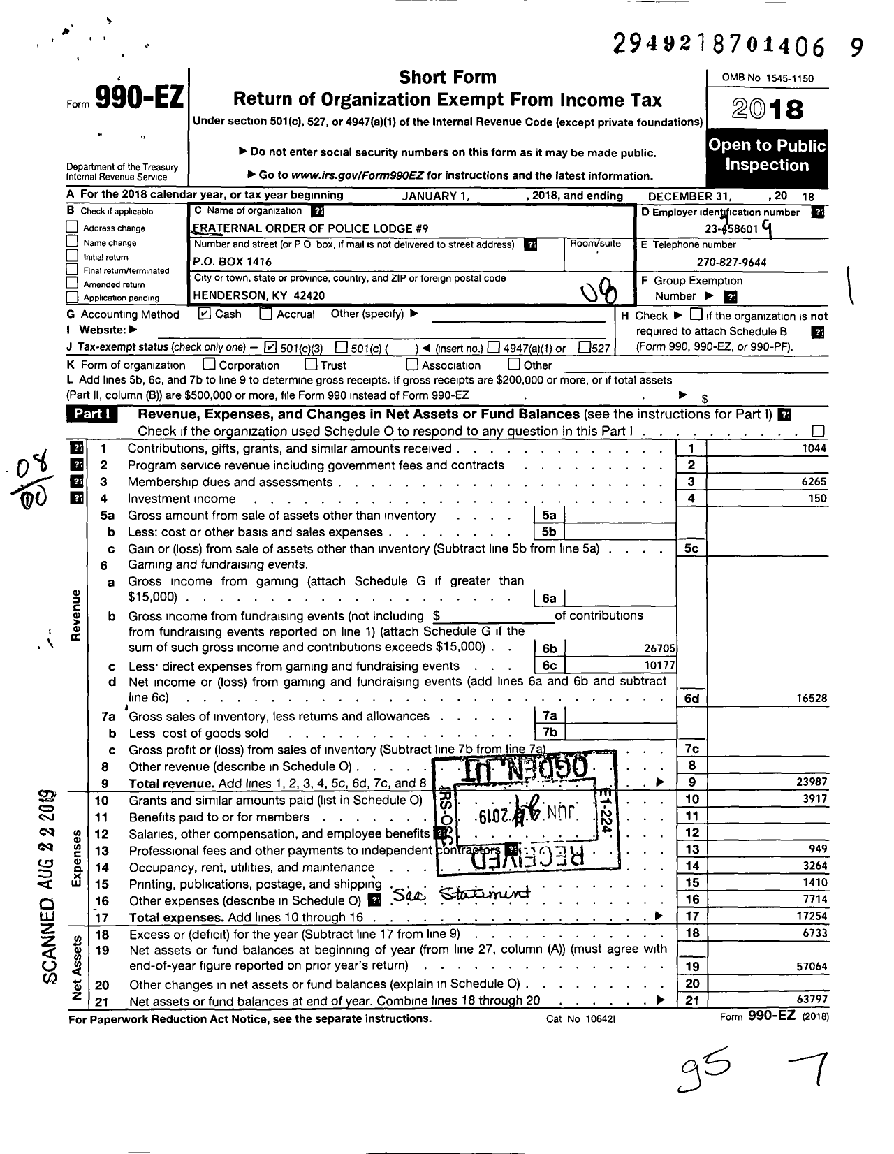 Image of first page of 2018 Form 990EO for Fraternal Order of Police - 9 Henderson Co Lodge