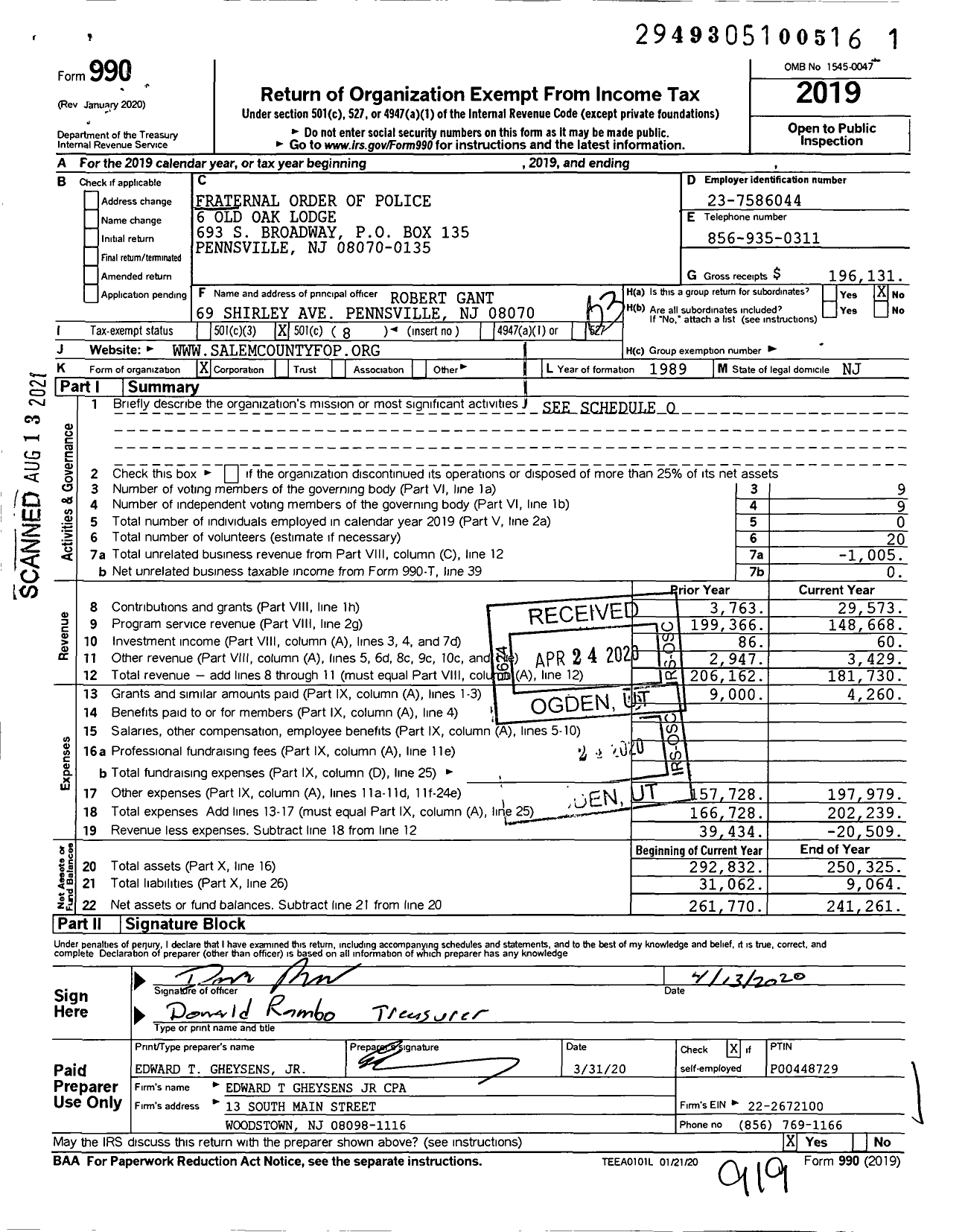 Image of first page of 2019 Form 990 for Fraternal Order of Police 6 Old Oak Lodge