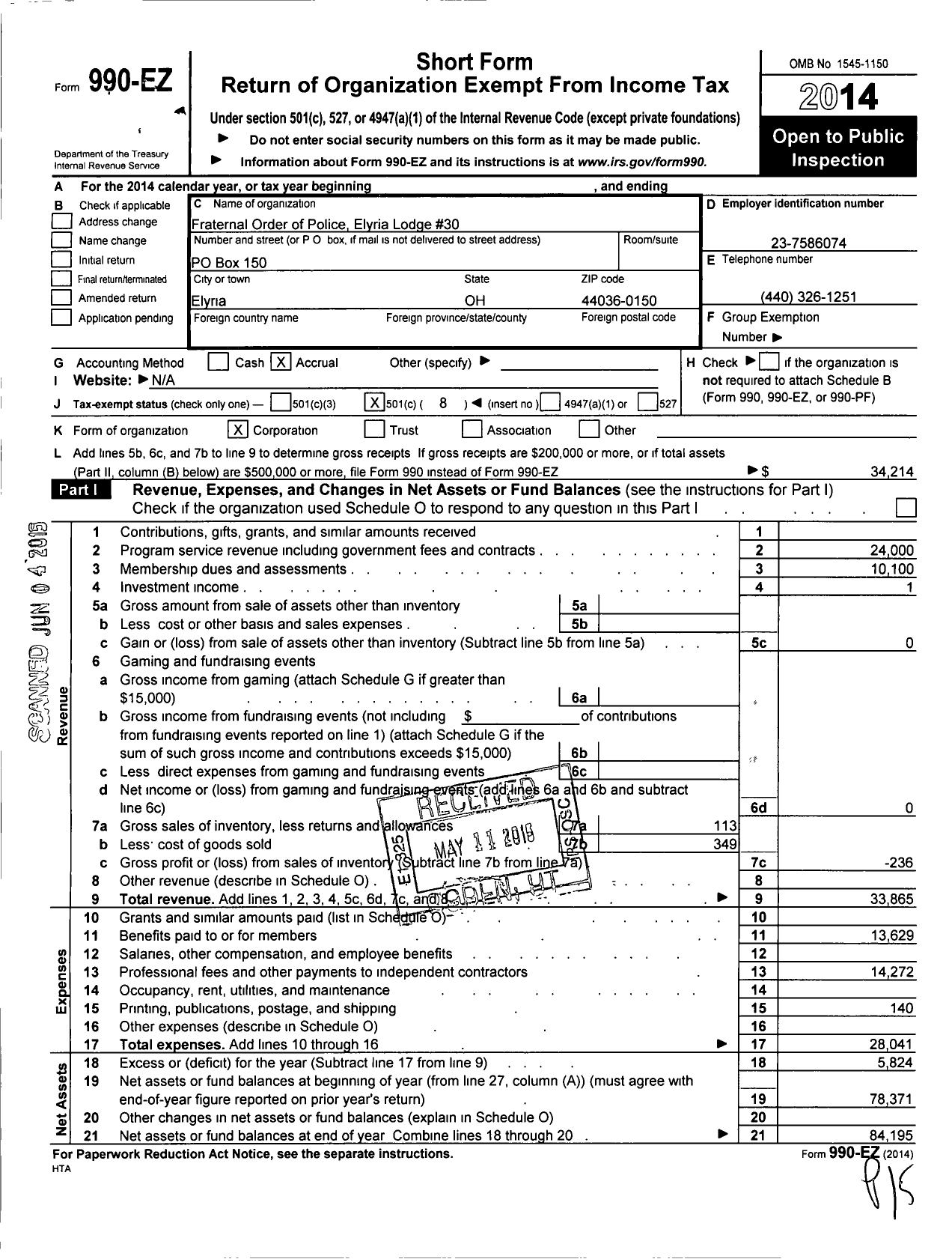 Image of first page of 2014 Form 990EO for Fraternal Order of Police - 30 Elyria Fop WM R Geiser Mem