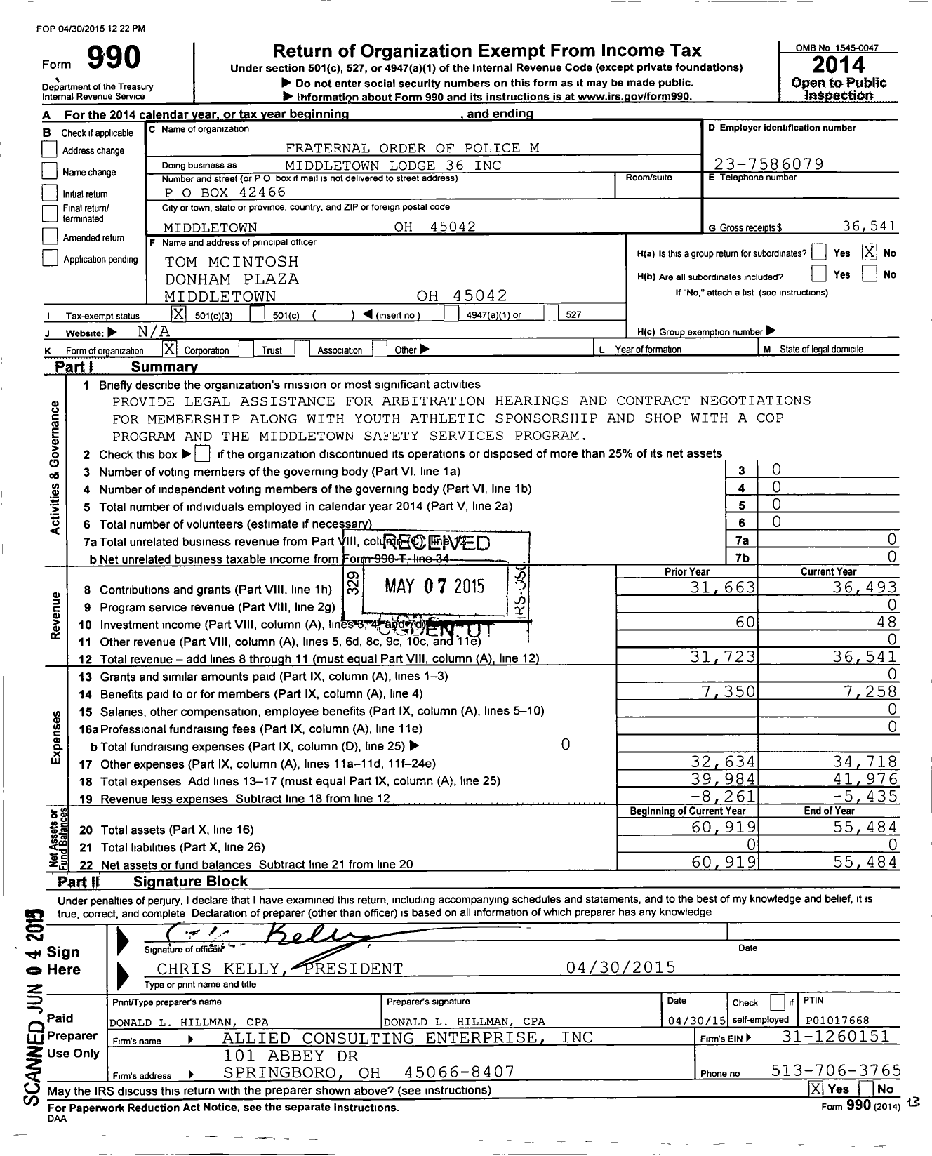 Image of first page of 2014 Form 990 for Fraternal Order of Police - 36 Middletown Lodge