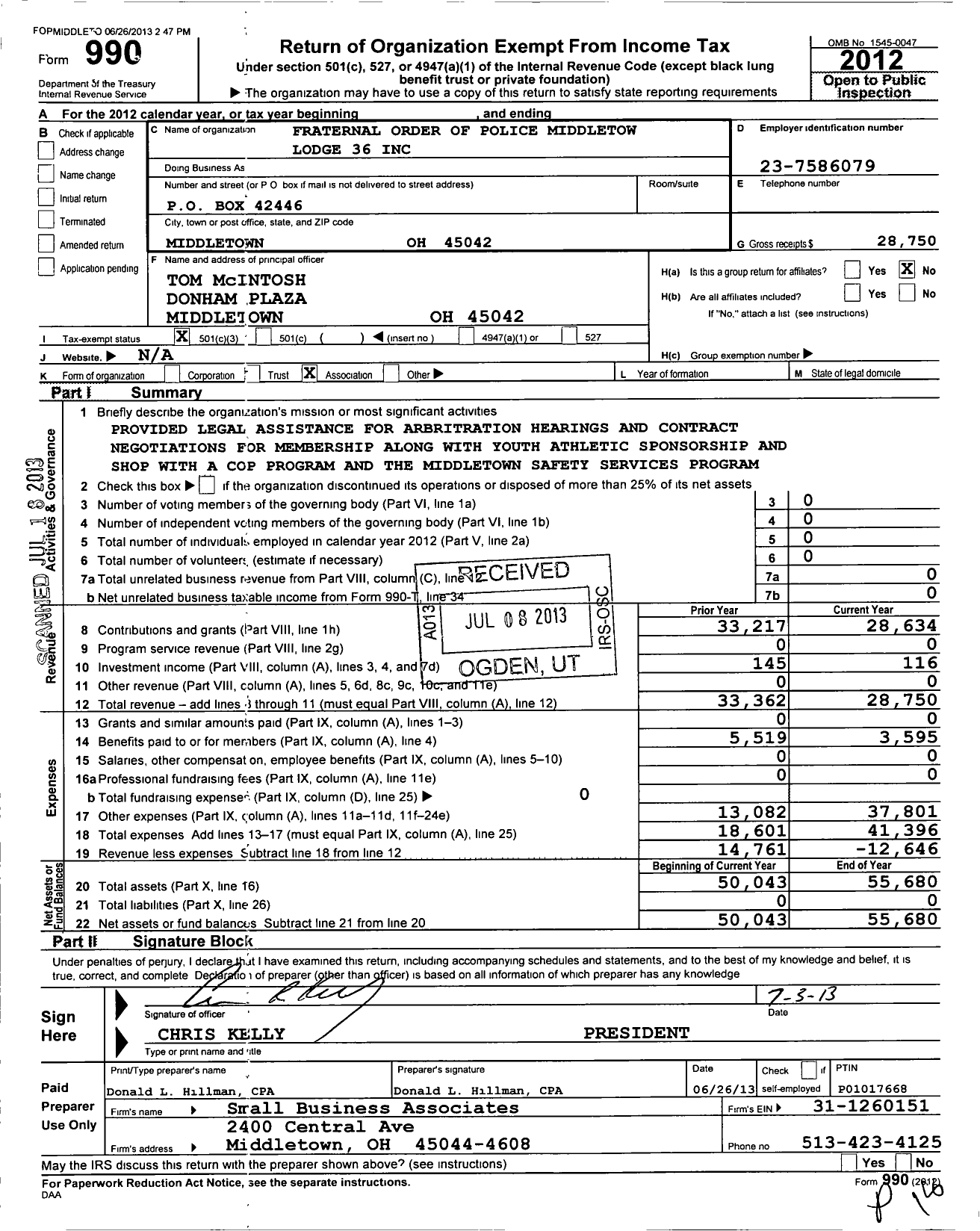 Image of first page of 2012 Form 990 for Fraternal Order of Police - 36 Middletown Lodge