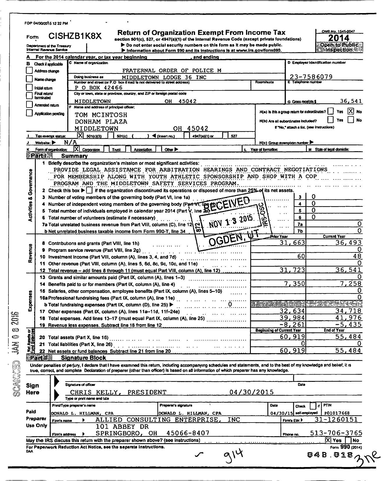 Image of first page of 2014 Form 990 for Fraternal Order of Police - 36 Middletown Lodge