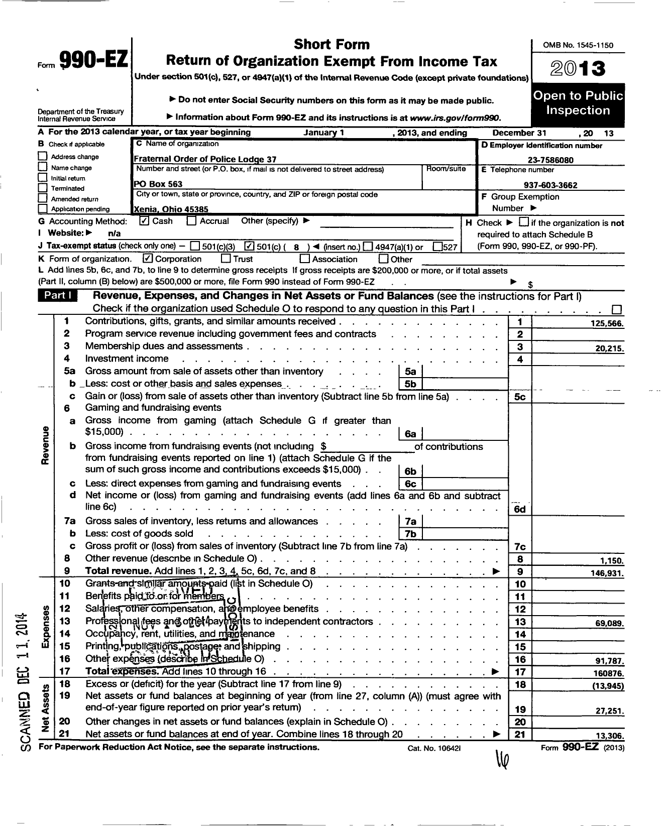 Image of first page of 2013 Form 990EO for Green County Fraternal Order of Police Lodge 37