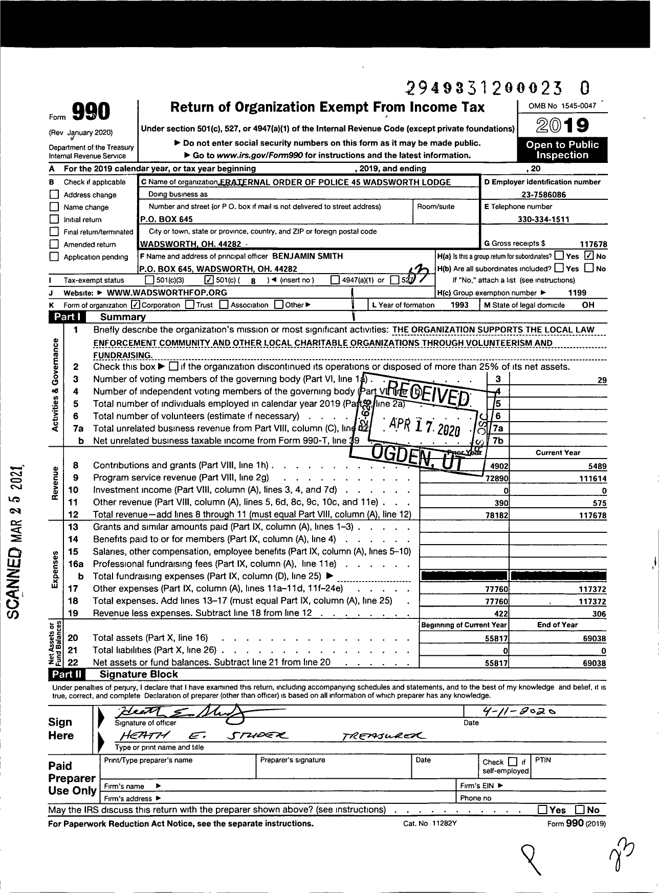 Image of first page of 2019 Form 990 for Fraternal Order of Police - 45 Wadsworth Lodge