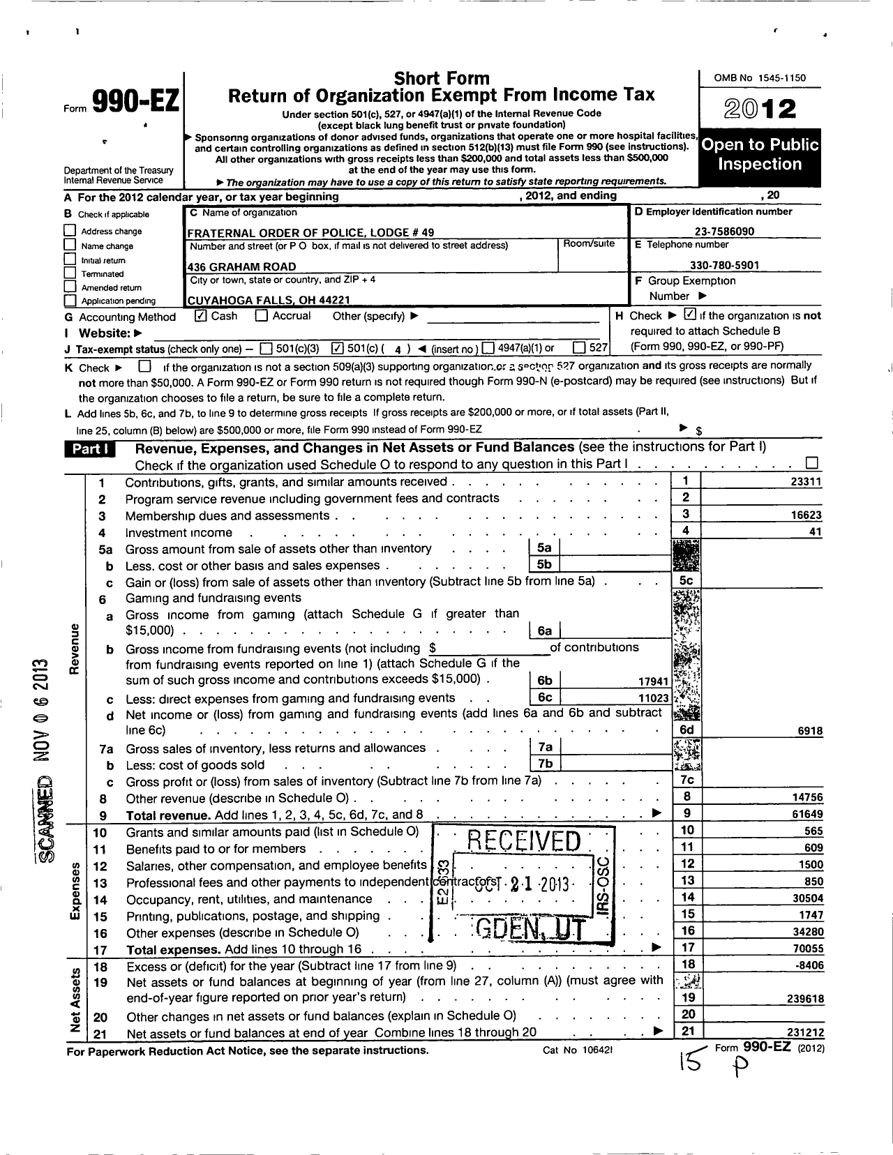 Image of first page of 2012 Form 990EO for Fraternal Order of Police - 49 Cuyahoga Falls Lodge