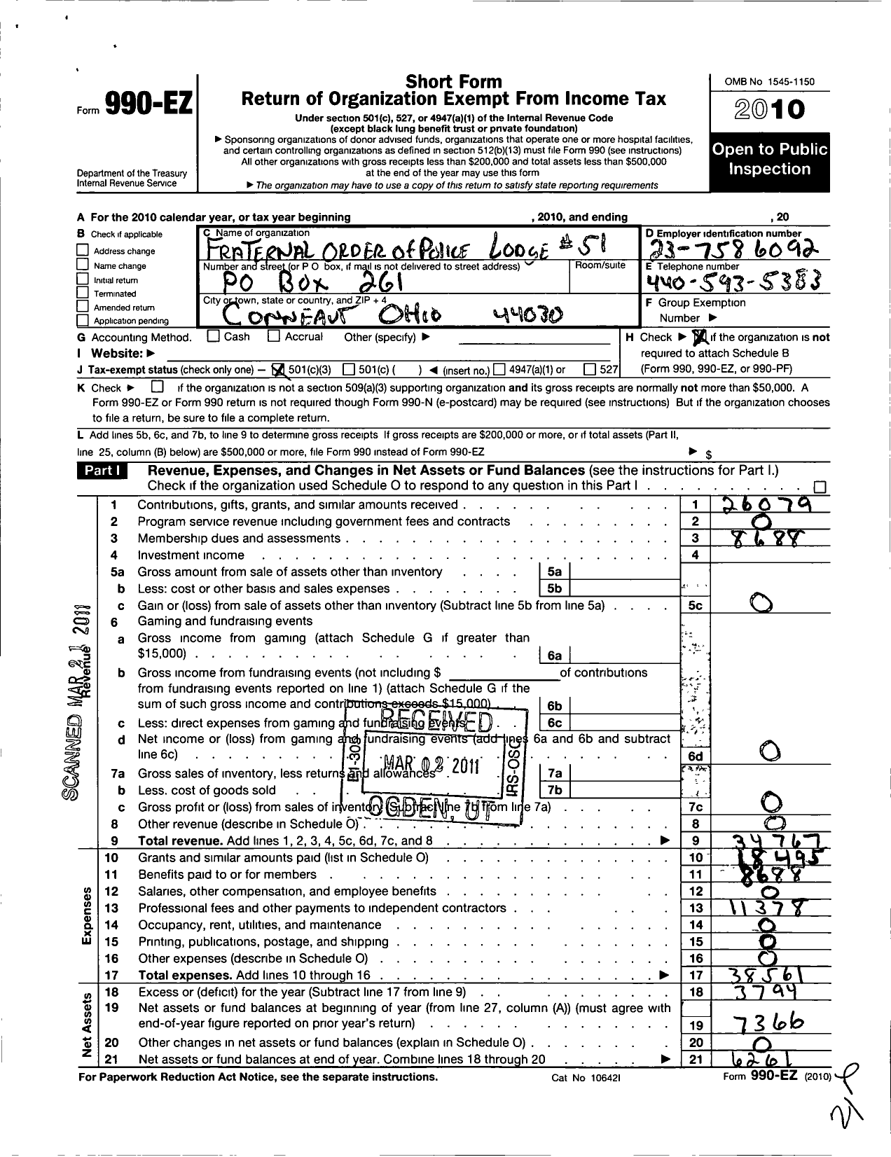 Image of first page of 2010 Form 990EZ for Fraternal Order of Police - 51 Conneaut Lodge