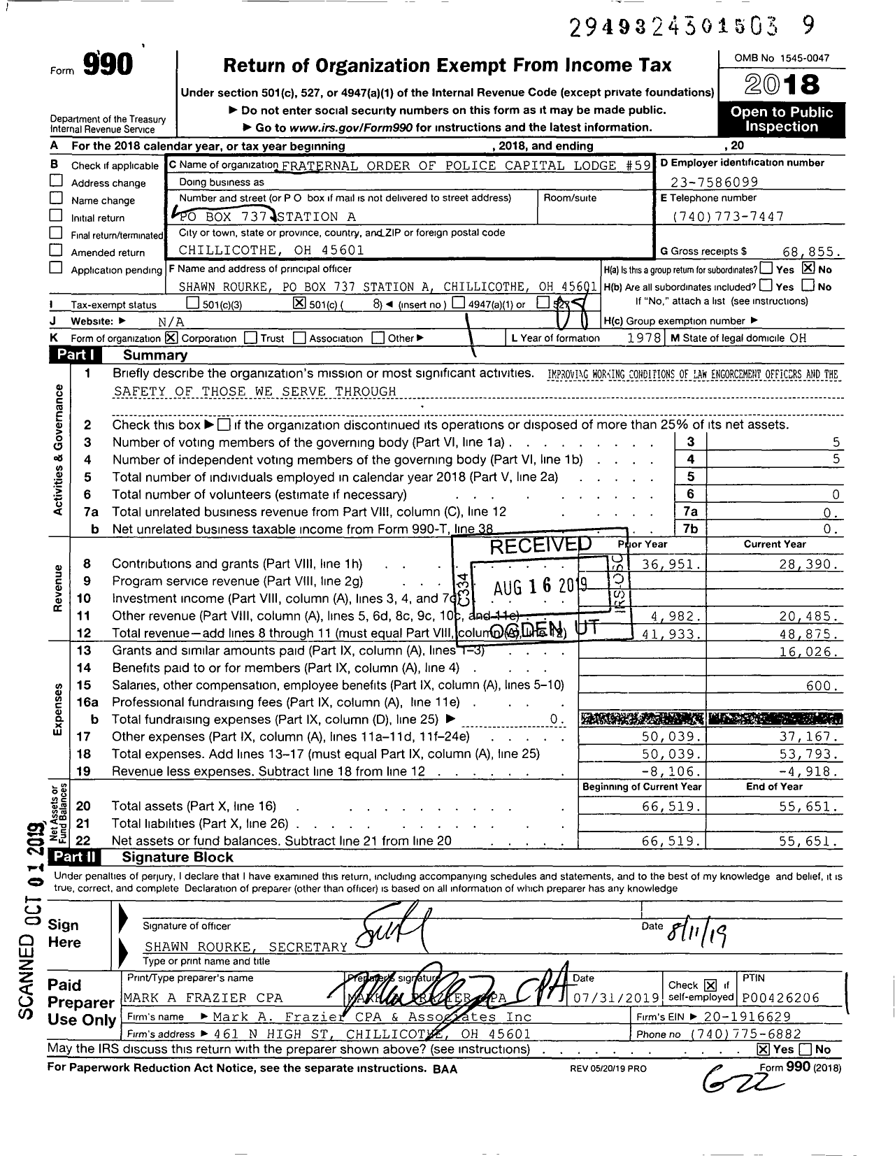 Image of first page of 2018 Form 990O for Fraternal Order of Police - 59 First Capital Lodge