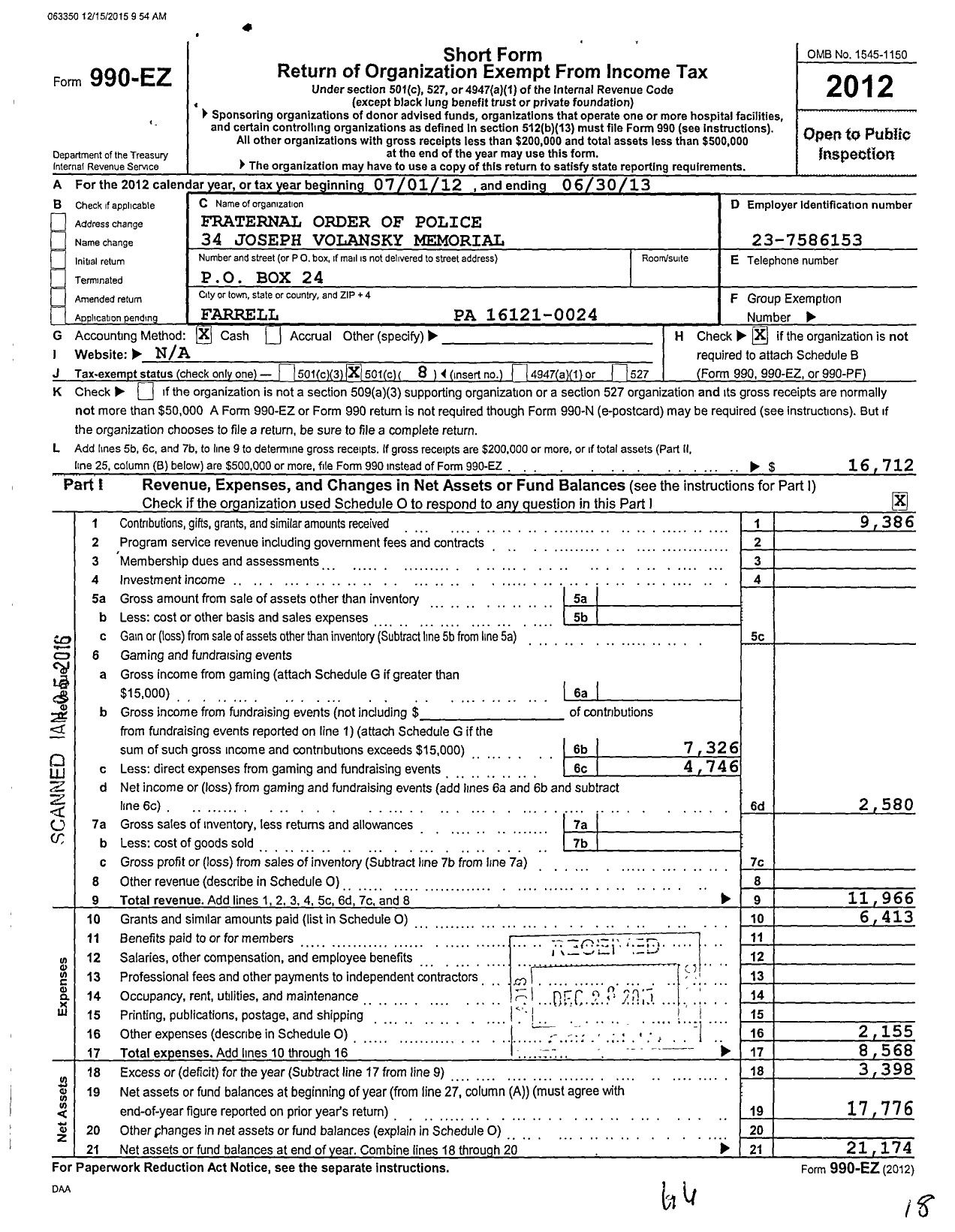 Image of first page of 2012 Form 990EO for Fraternal Order of Police - 34 Joseph Volansky Memorial