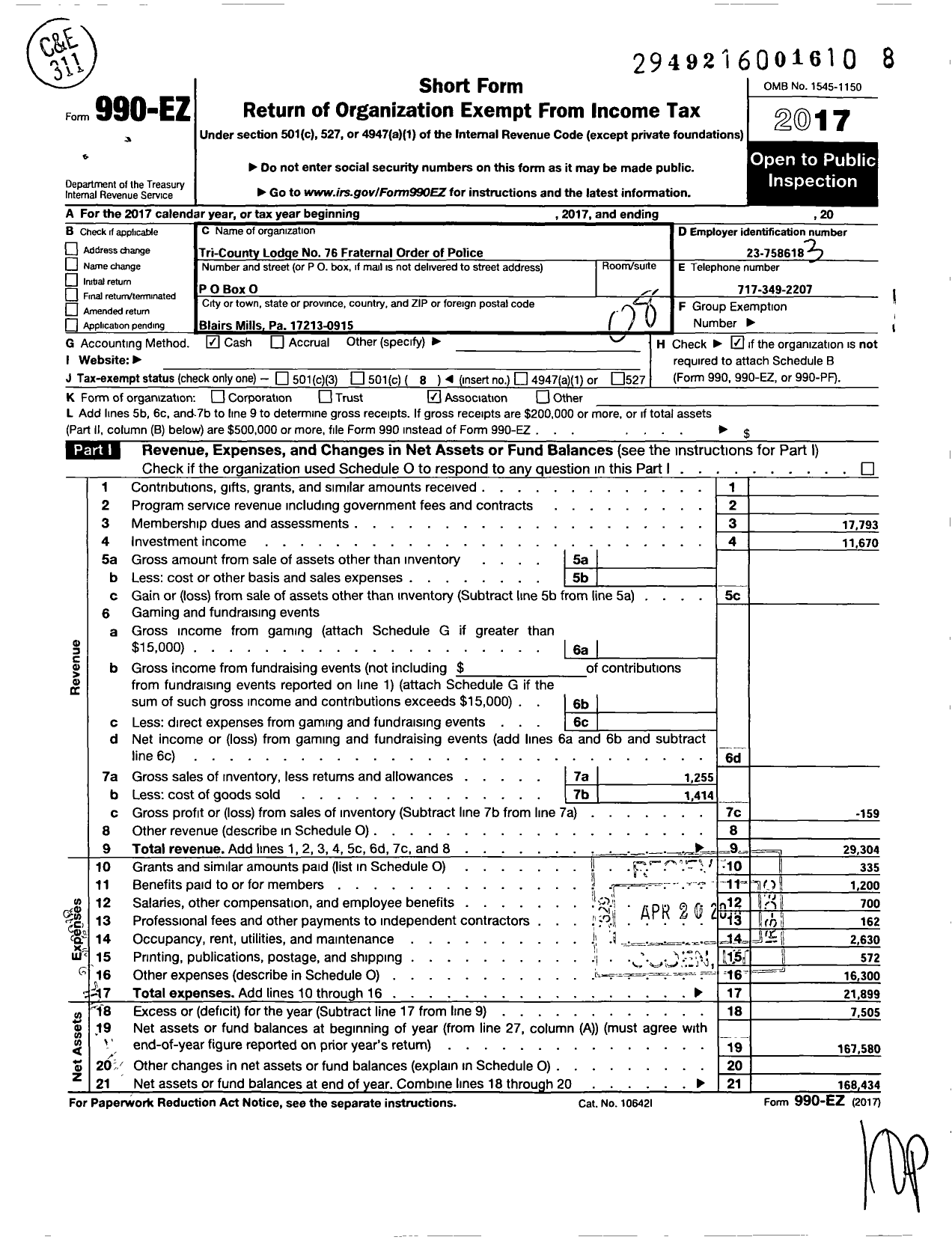 Image of first page of 2017 Form 990EO for Fraternal Order of Police - 76 Tri-County Lodge