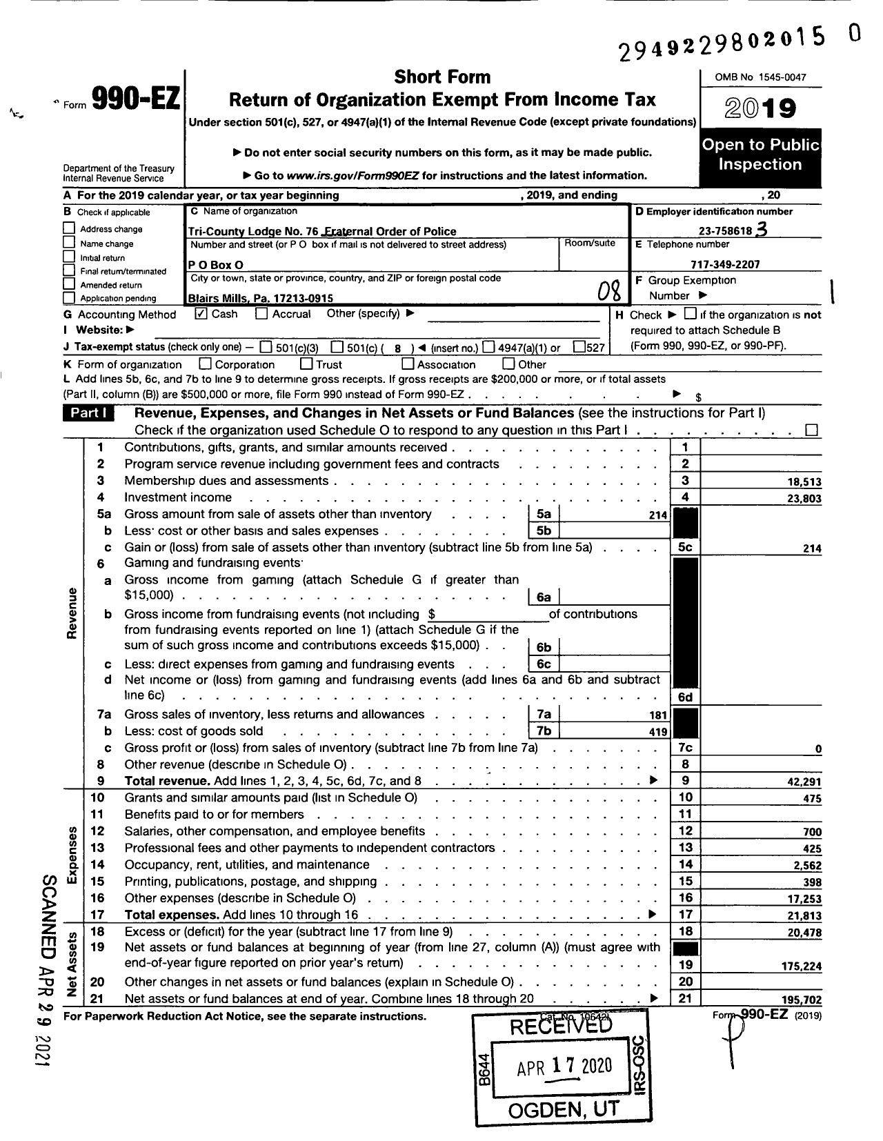 Image of first page of 2019 Form 990EO for Fraternal Order of Police - 76 Tri-County Lodge