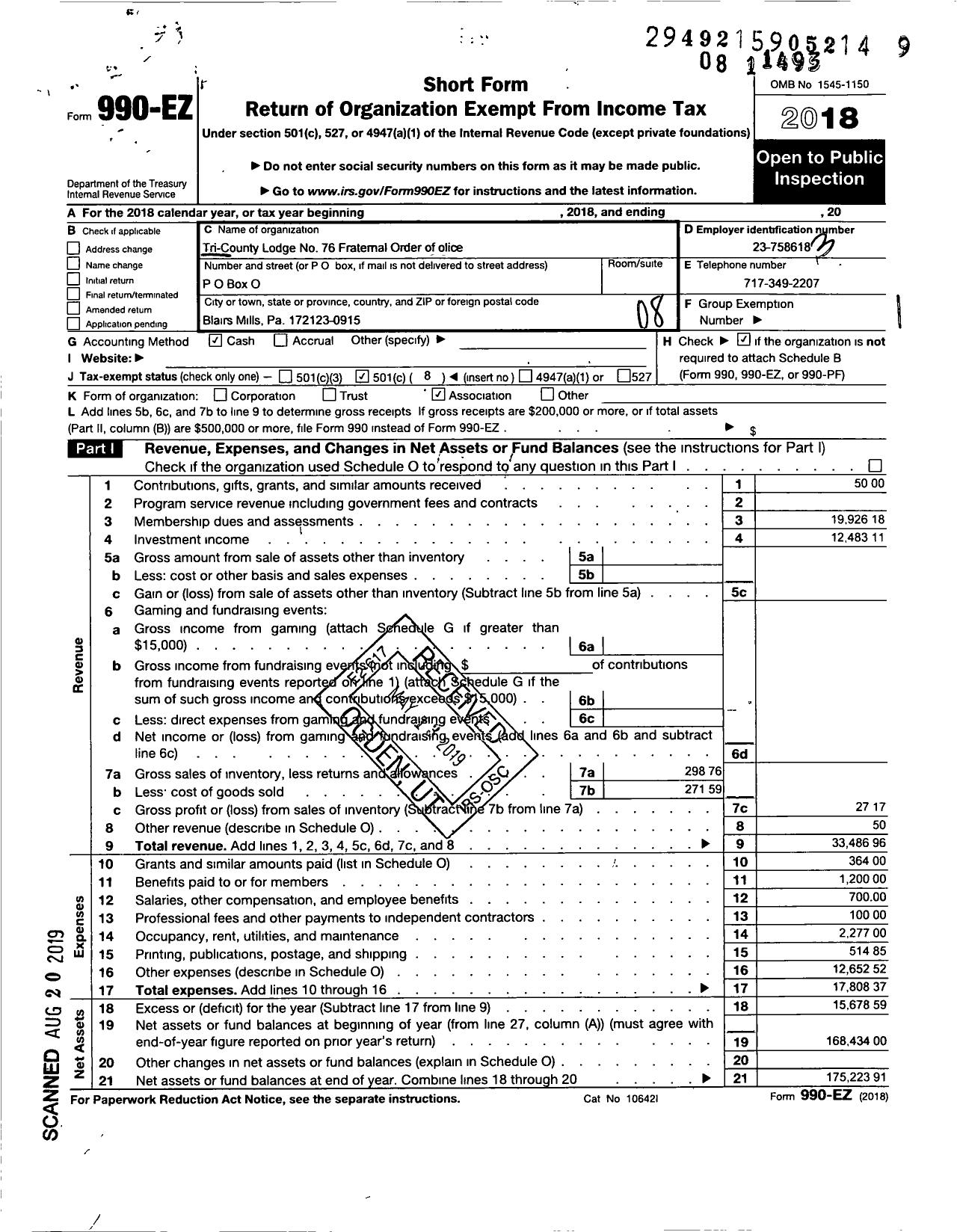 Image of first page of 2018 Form 990EO for Fraternal Order of Police - 76 Tri-County Lodge