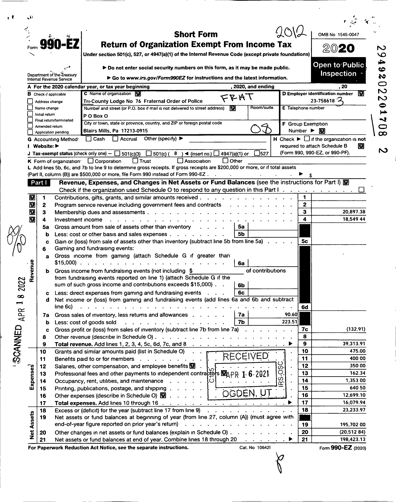 Image of first page of 2020 Form 990EO for Fraternal Order of Police - 76 Tri-County Lodge