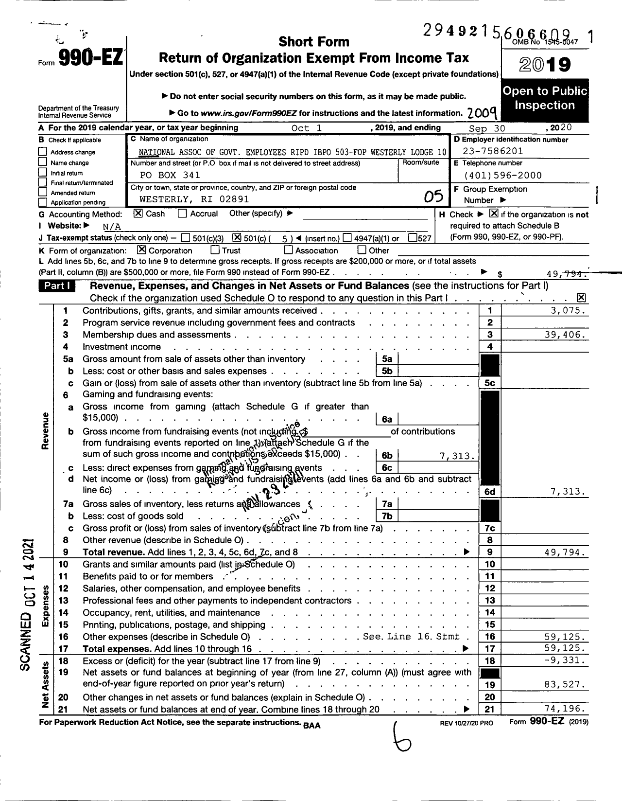 Image of first page of 2019 Form 990EO for Fraternal Order of Police - Fop Westerly Lodge Number 10