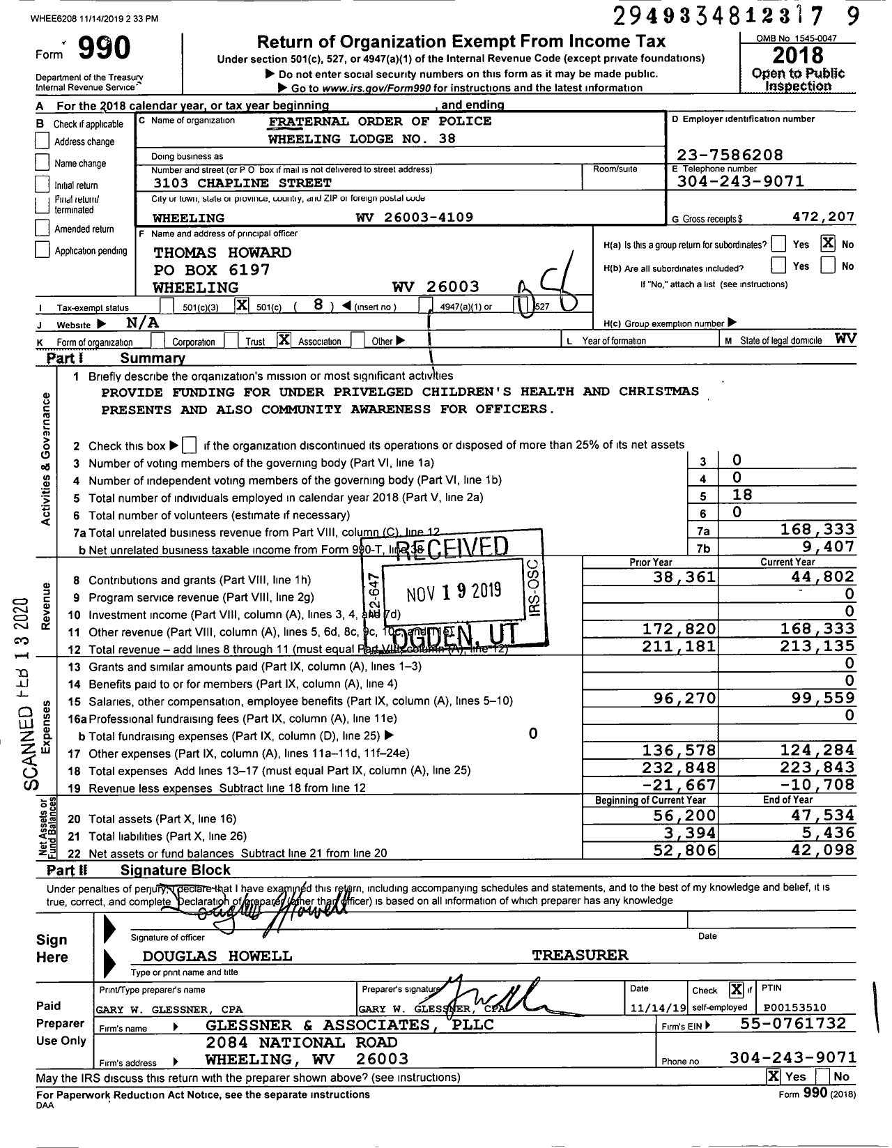 Image of first page of 2018 Form 990O for Fraternal Order of Police - Wheeling Lodge No 38