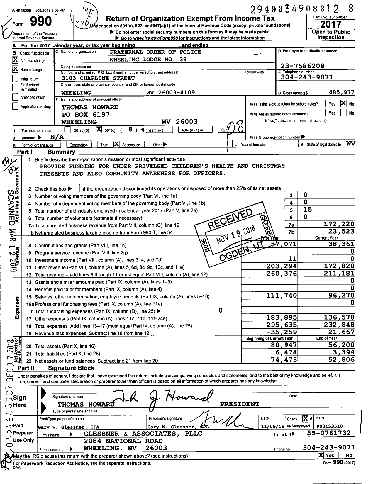 Image of first page of 2017 Form 990O for Fraternal Order of Police - Wheeling Lodge No 38