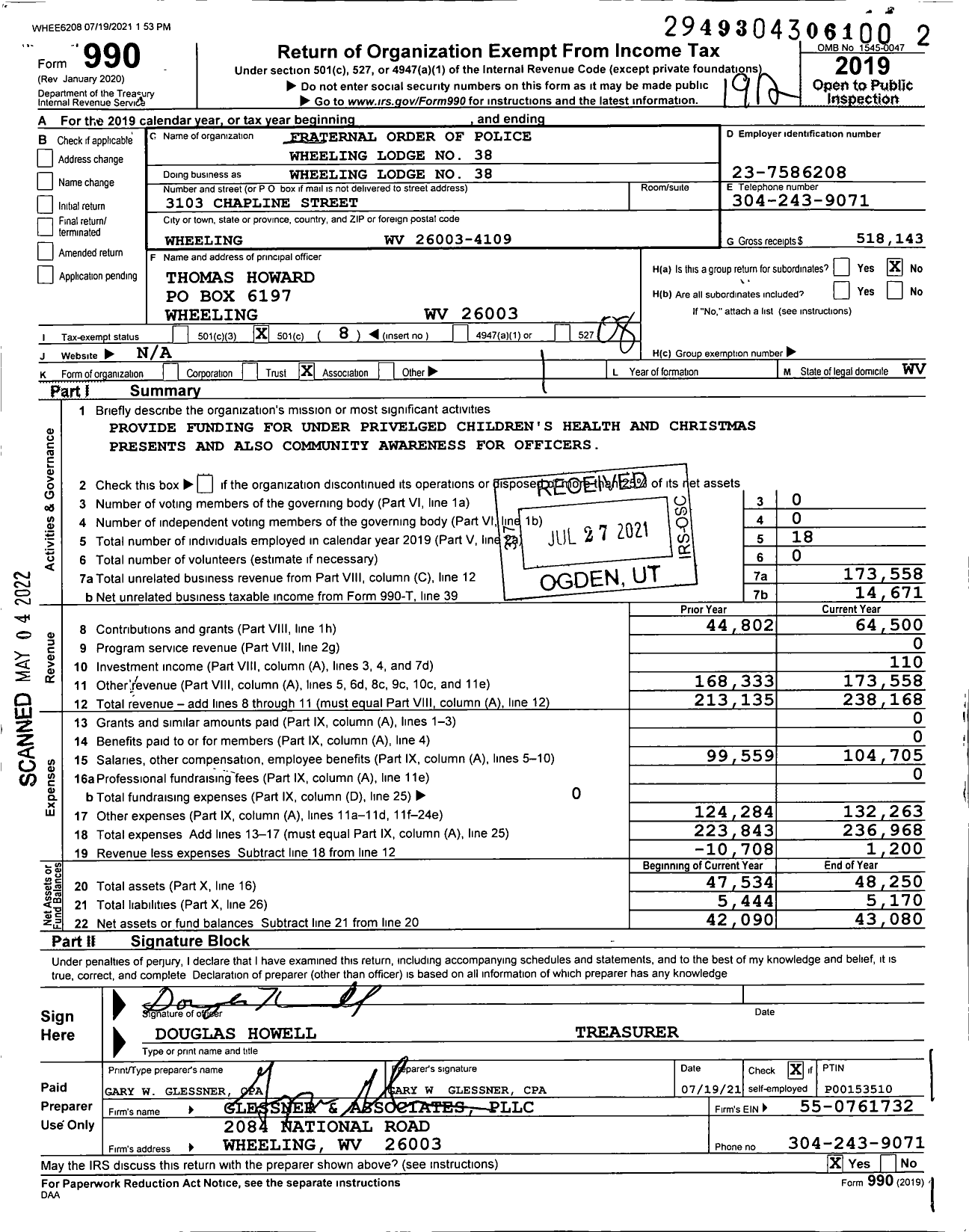 Image of first page of 2019 Form 990O for Fraternal Order of Police - Wheeling Lodge No 38