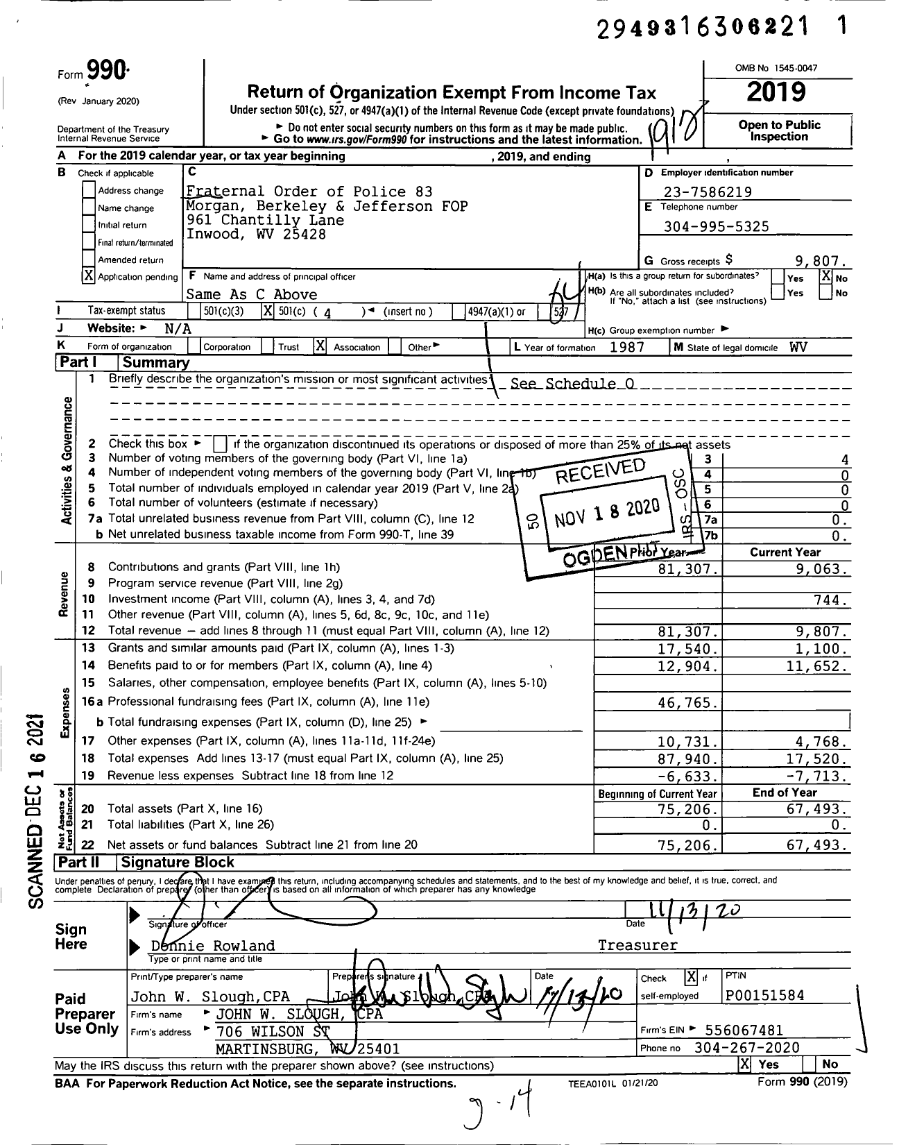 Image of first page of 2019 Form 990O for Panhandle Lodge 83 FOP