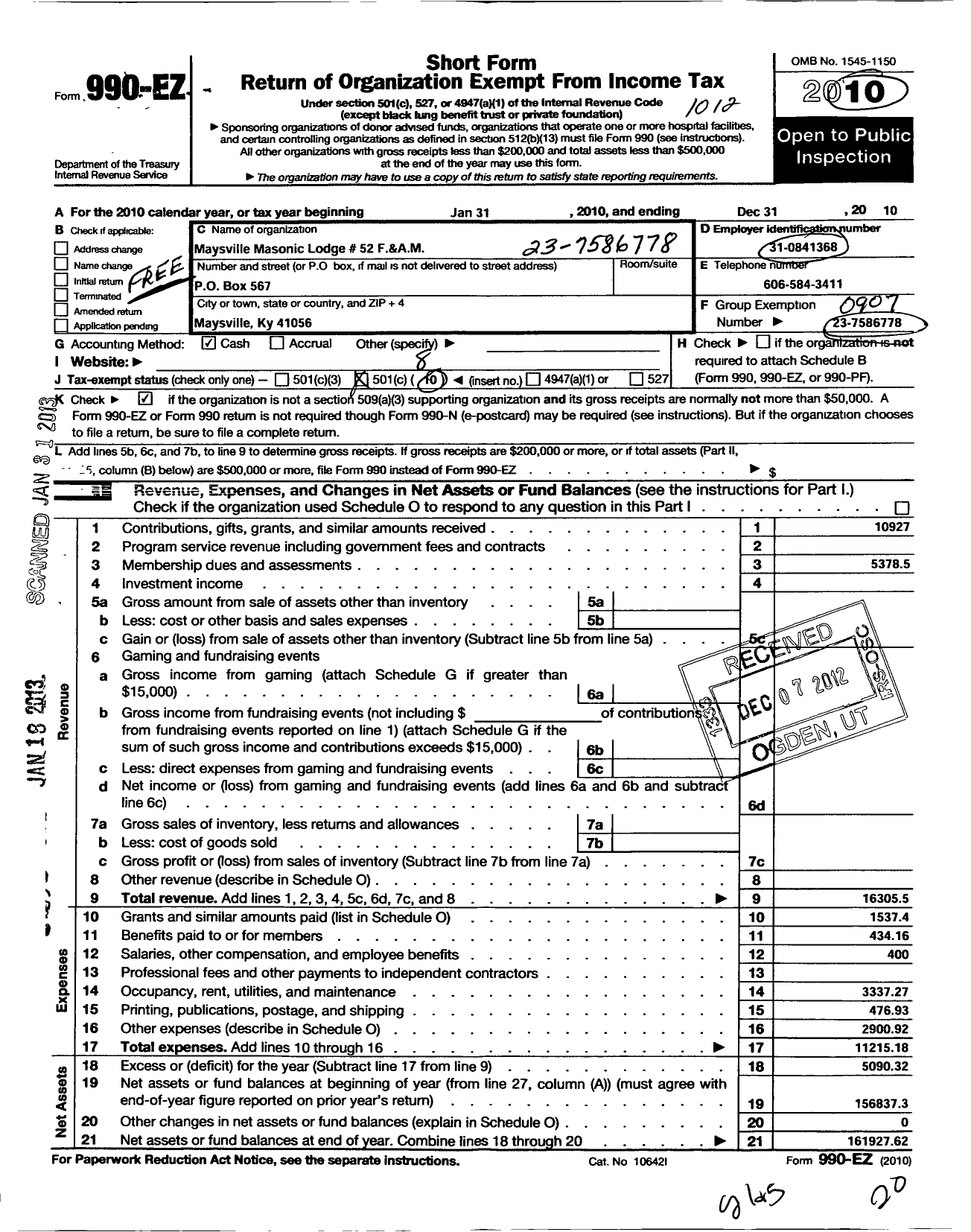 Image of first page of 2010 Form 990EO for Free and Accepted Masons of Kentucky - 52 Lodge Maysville