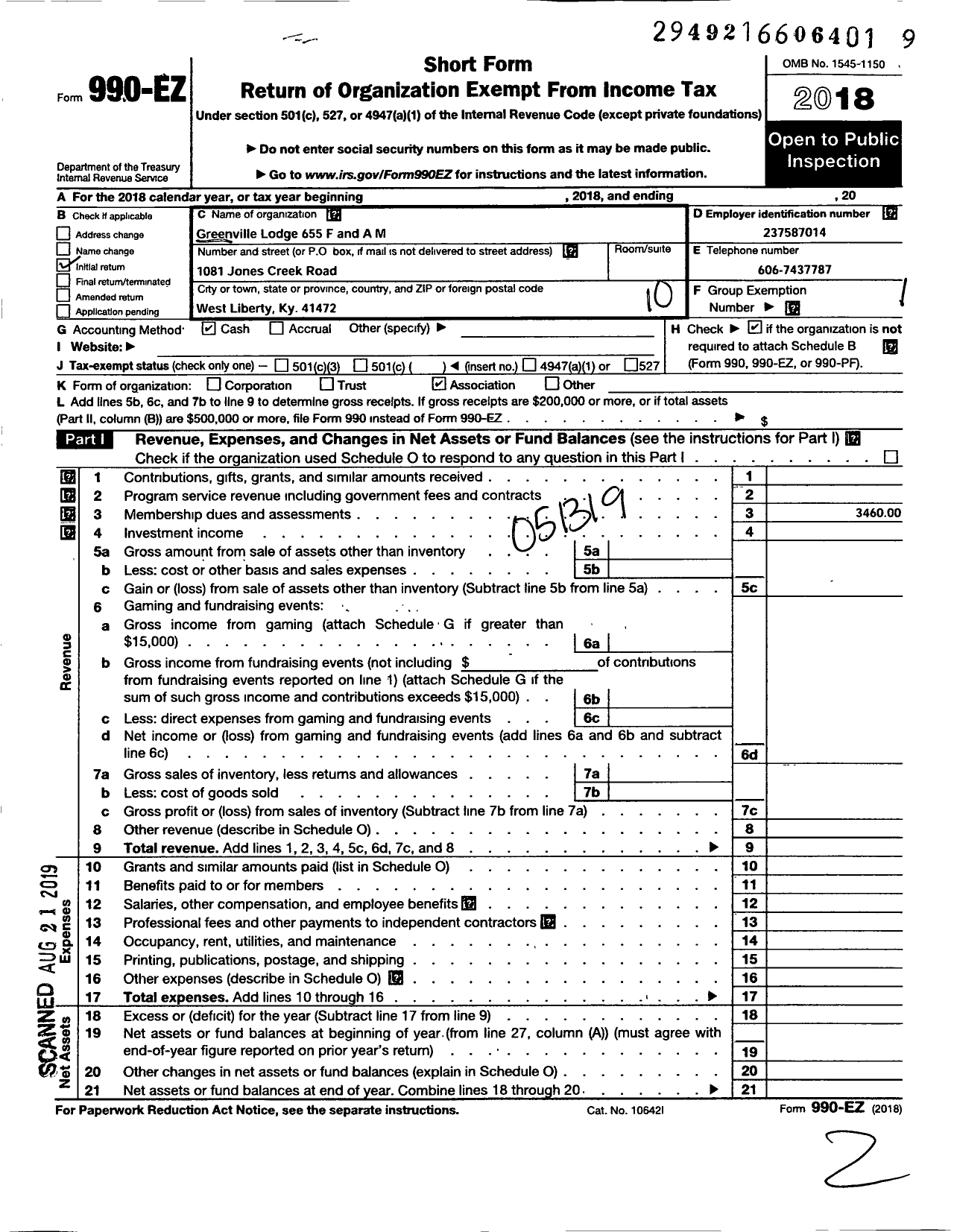 Image of first page of 2018 Form 990EO for Free and Accepted Masons of Kentucky - 655 Greenville Lodge