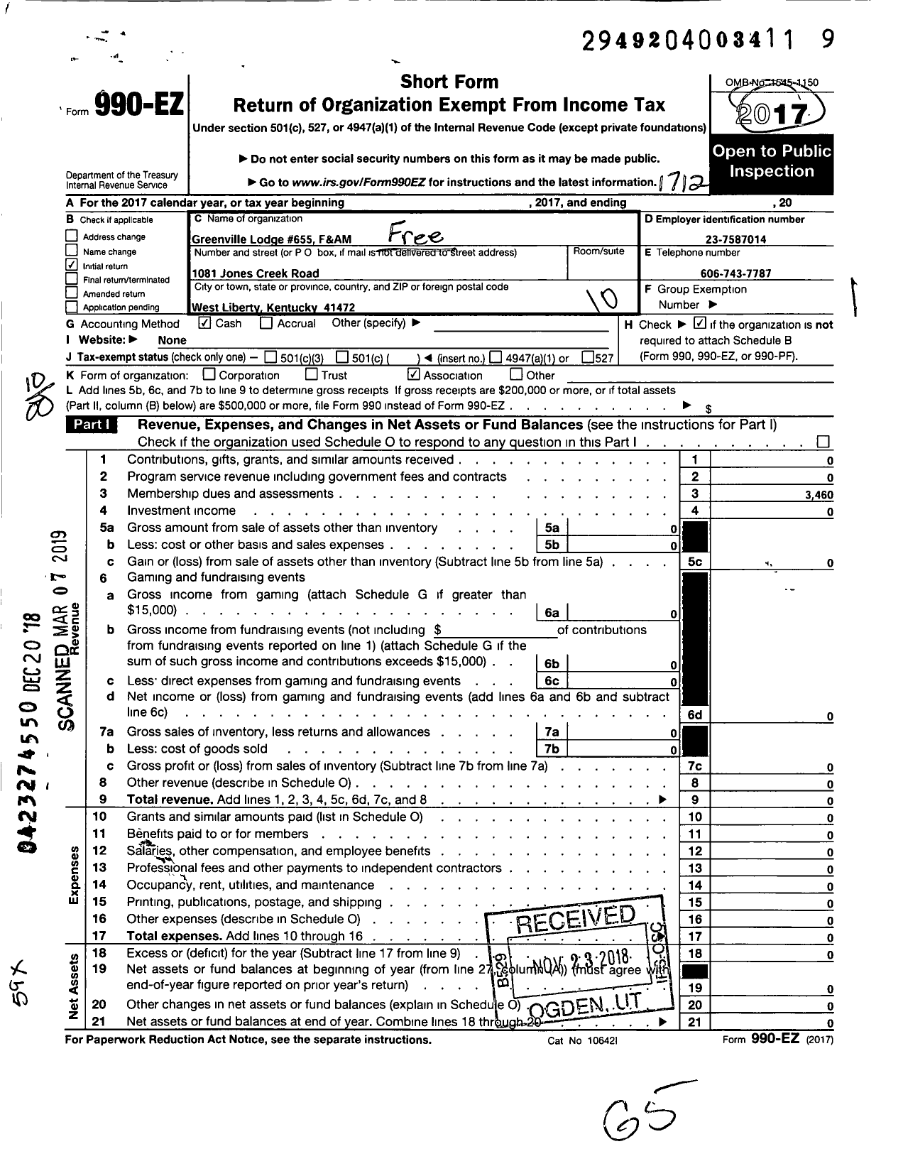 Image of first page of 2017 Form 990EO for Free and Accepted Masons of Kentucky - 655 Greenville Lodge