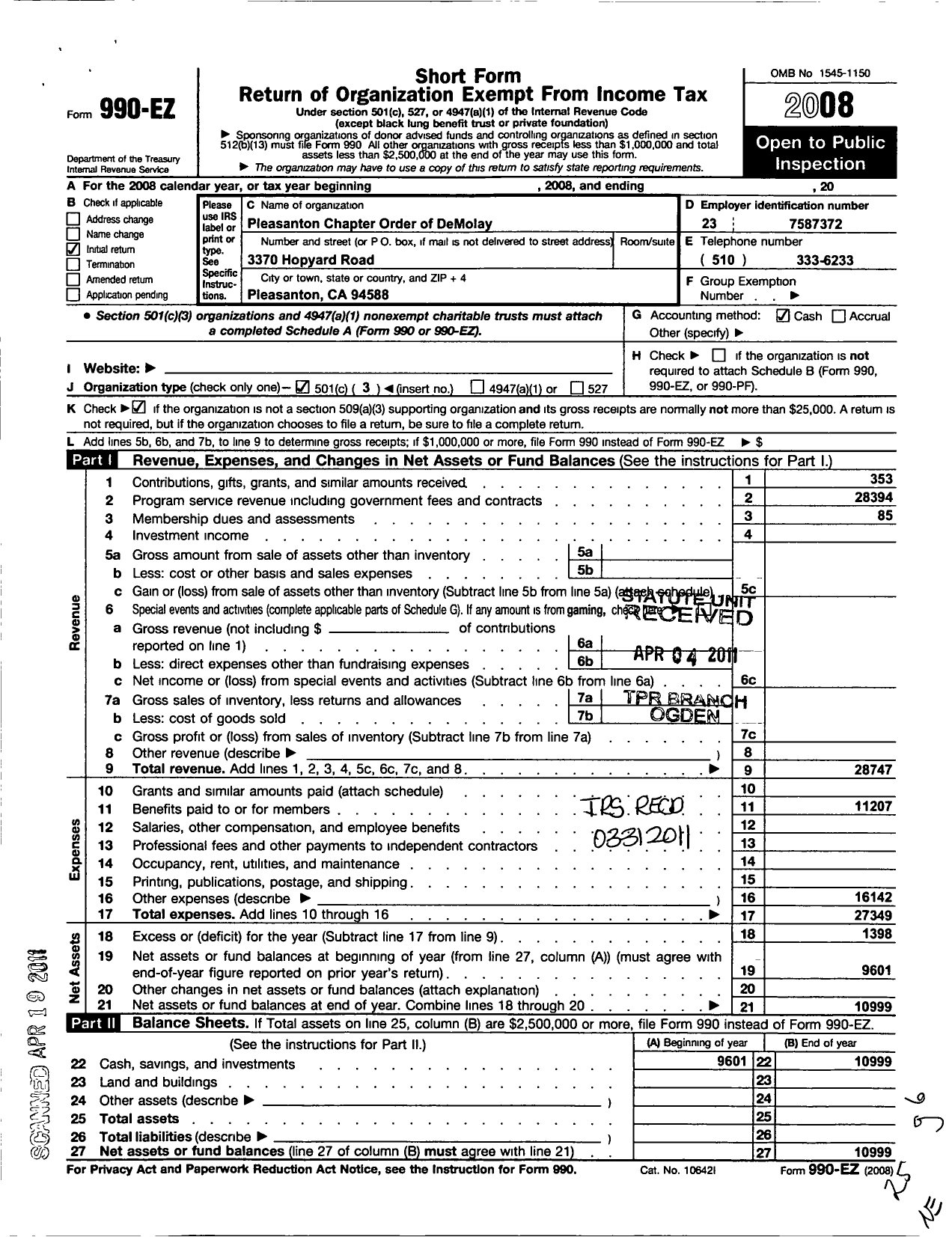 Image of first page of 2008 Form 990EZ for Demolay International - 73303 Pleasanton