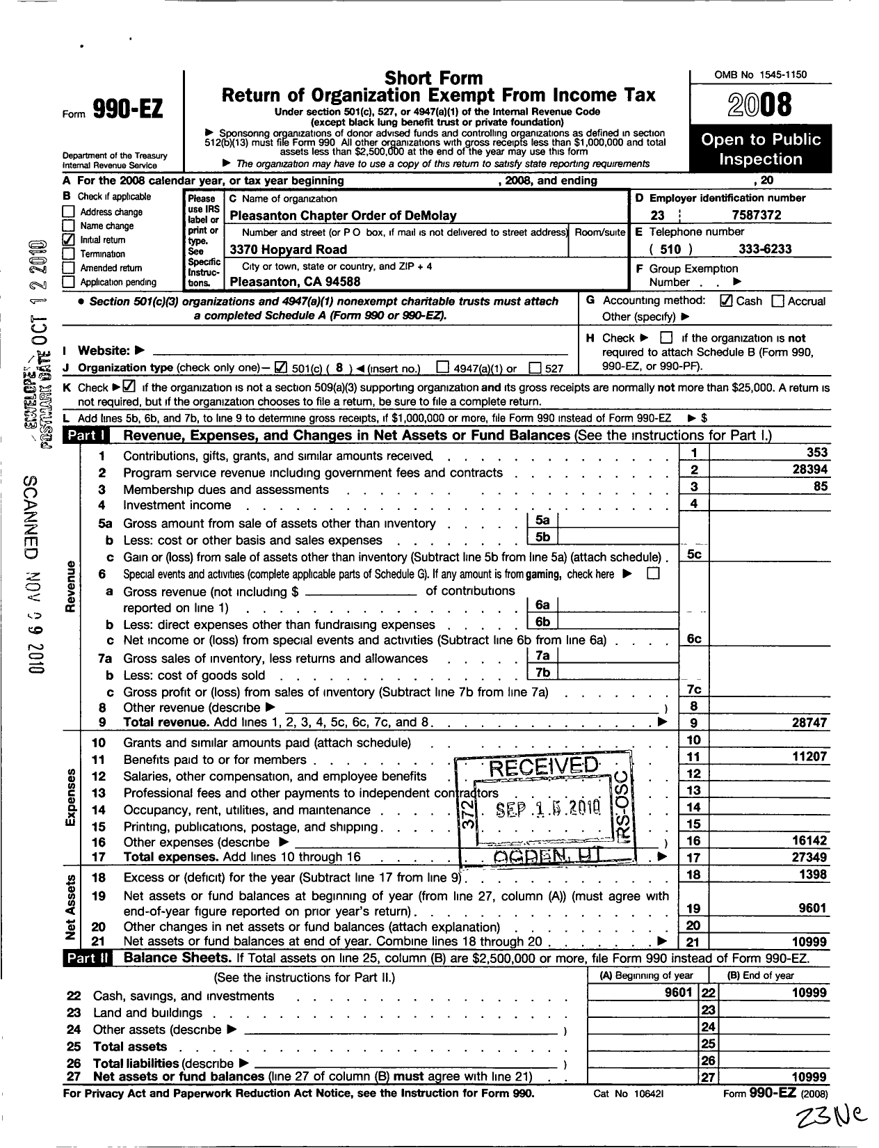 Image of first page of 2008 Form 990EO for Demolay International - 73303 Pleasanton