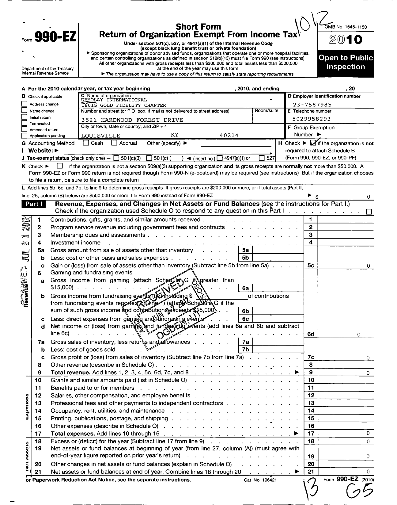 Image of first page of 2010 Form 990EO for Demolay International - 18015 Gold Fidelity Chapter