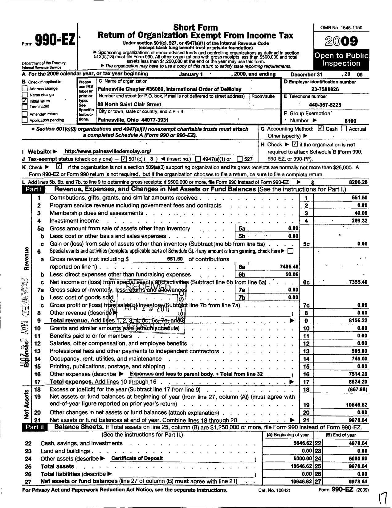 Image of first page of 2009 Form 990EZ for Demolay International - 36089 Painesville