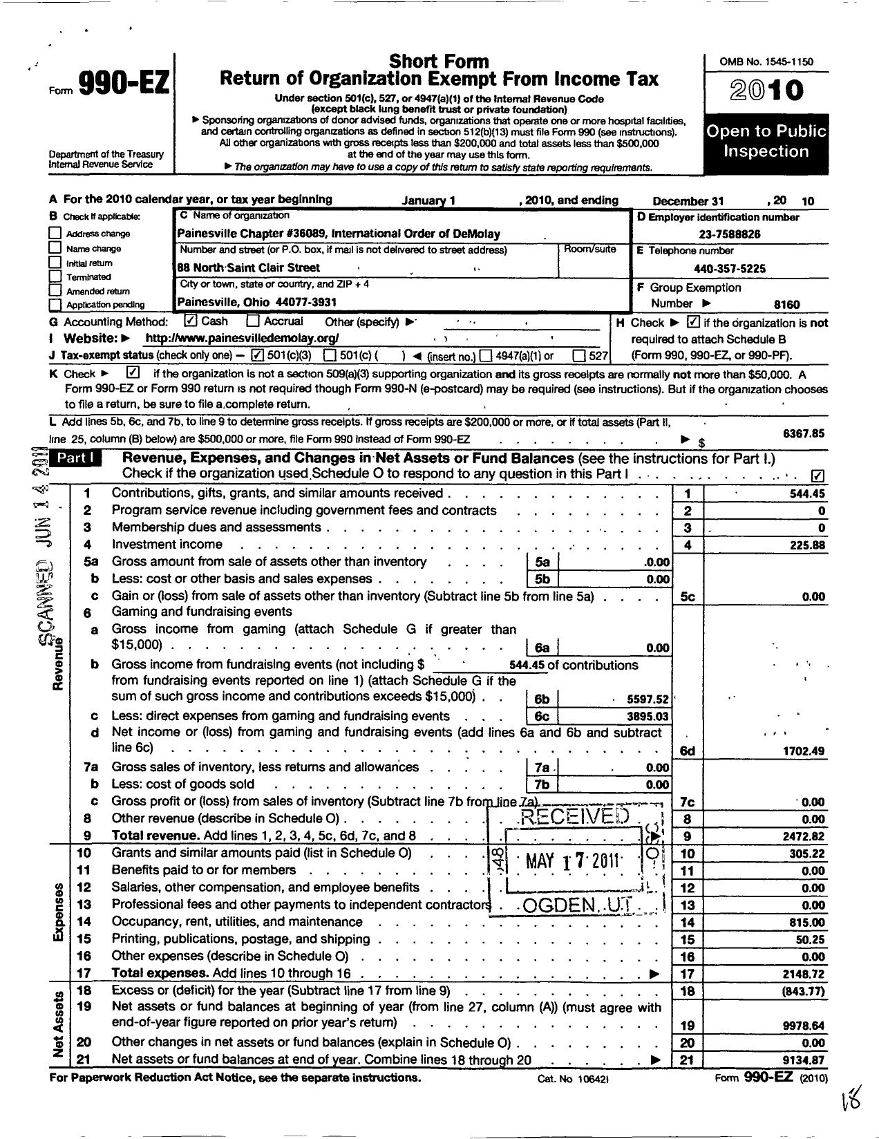 Image of first page of 2010 Form 990EZ for Demolay International - 36089 Painesville