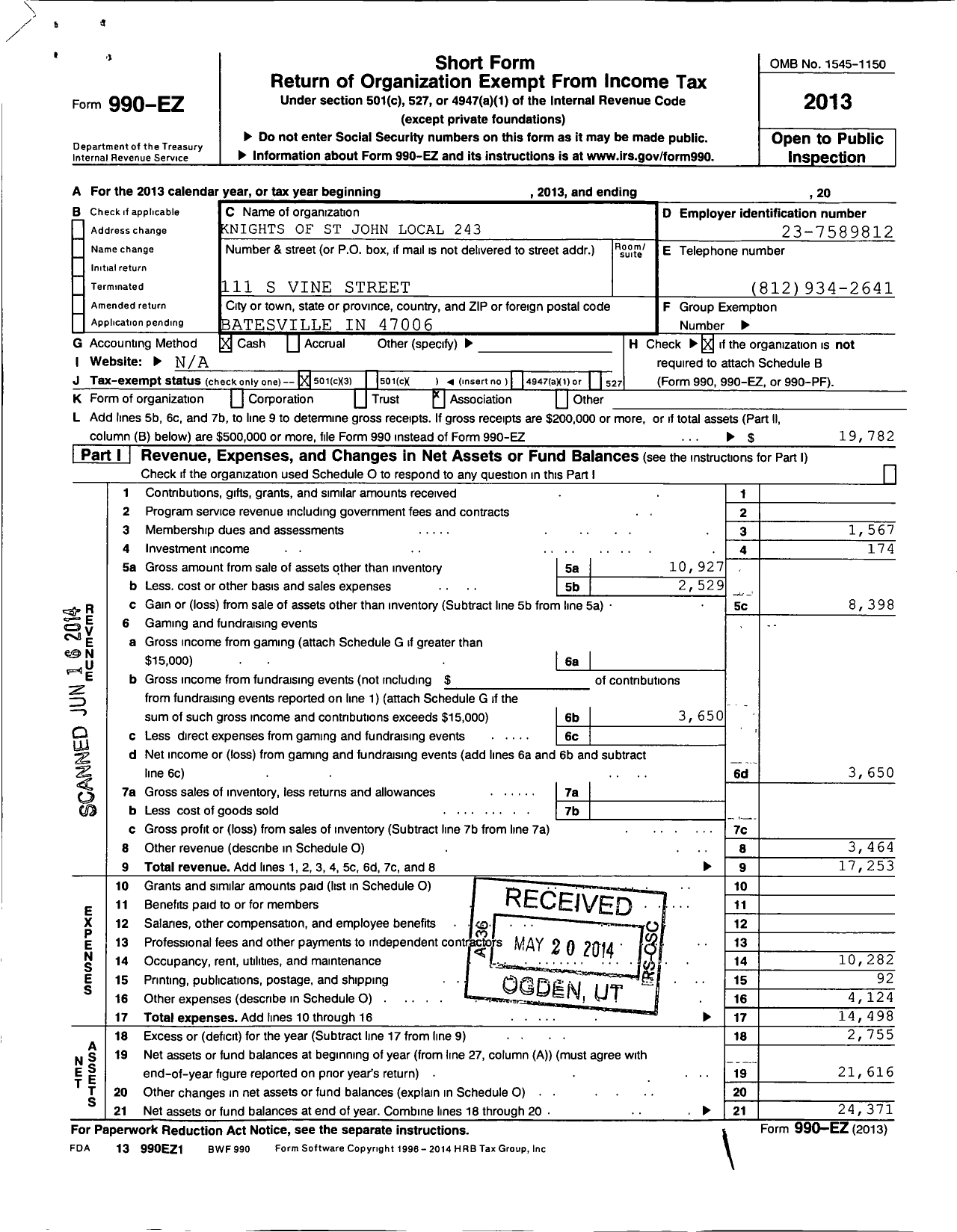 Image of first page of 2013 Form 990EZ for Knights of St John Local 243