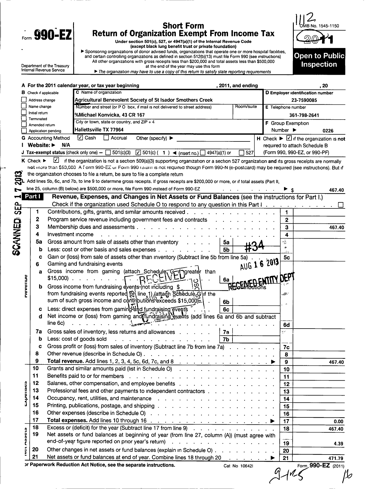 Image of first page of 2011 Form 990EO for Agricultural Benevolent Society of St Isador Smothers Creek