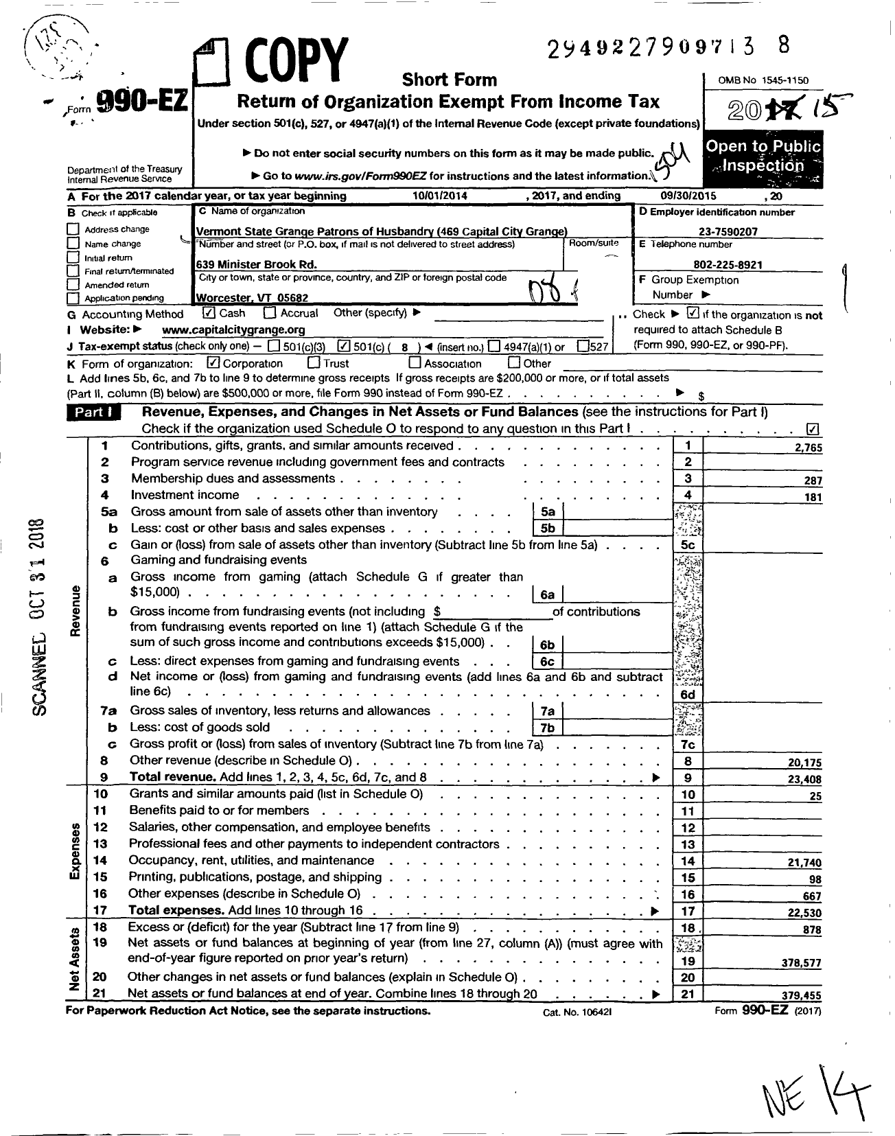 Image of first page of 2014 Form 990EO for Capital City Grange No 469