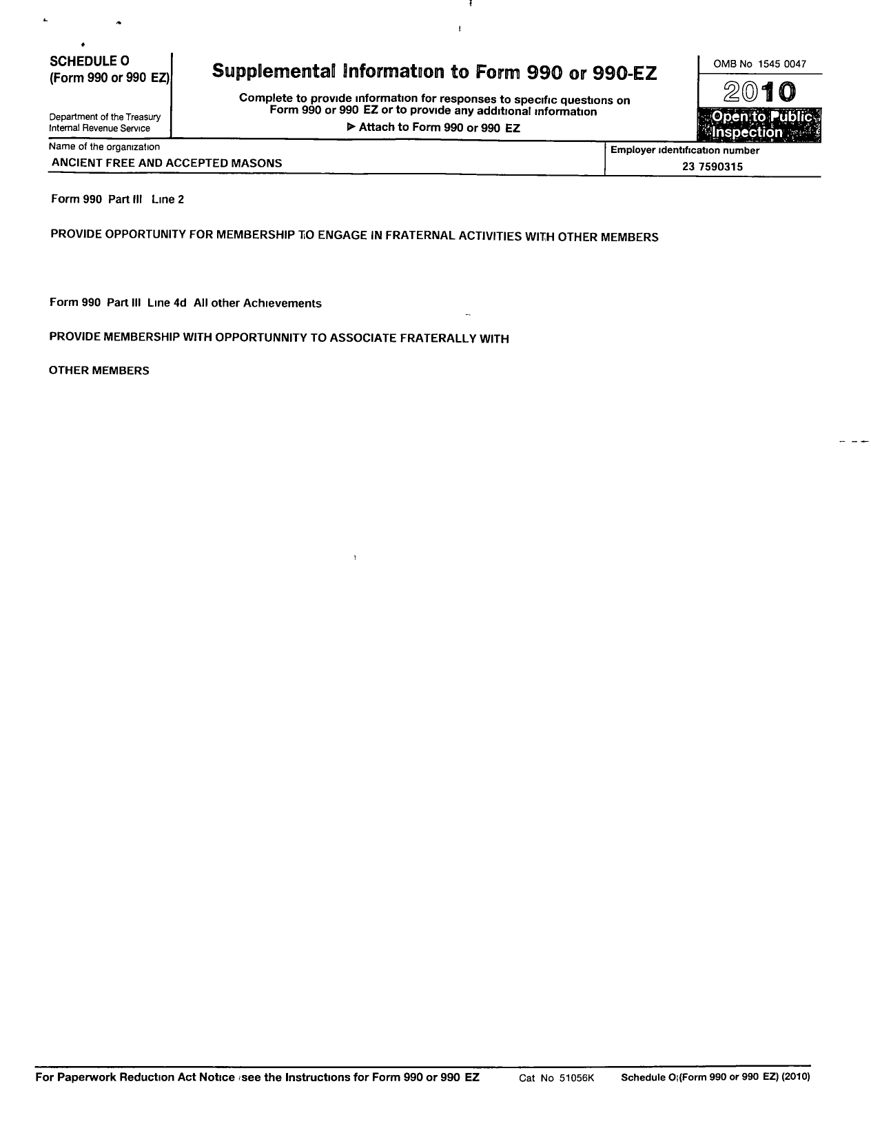 Image of first page of 2010 Form 990OR for Ancient Free and Accepted Masons of Oregon - 24 Rainier Lodge