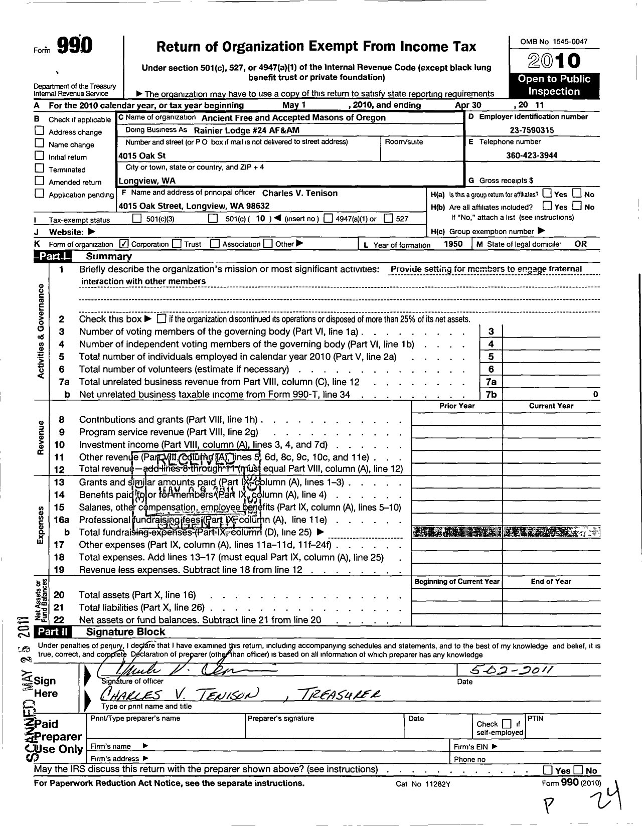 Image of first page of 2010 Form 990O for Ancient Free and Accepted Masons of Oregon - 24 Rainier Lodge