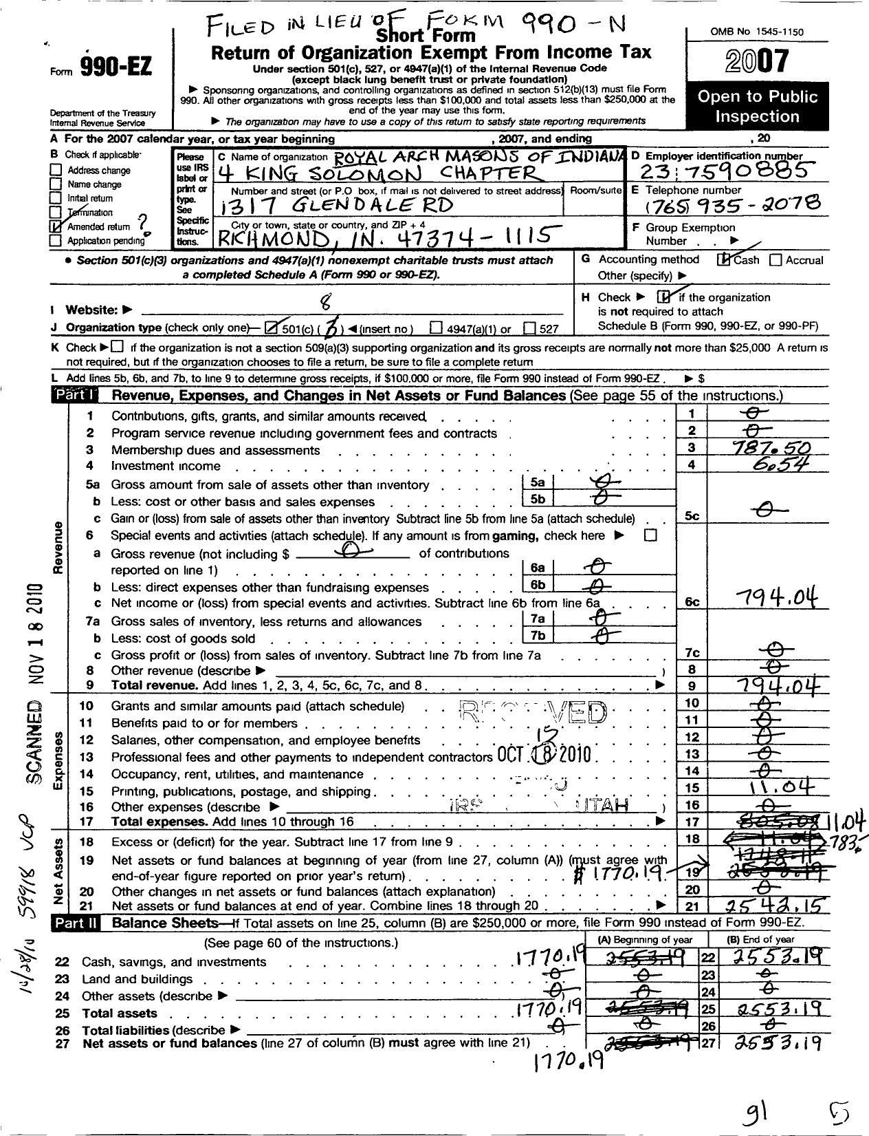 Image of first page of 2007 Form 990EO for Royal Arch Masons of Indiana - 4 King Solomon Chapter