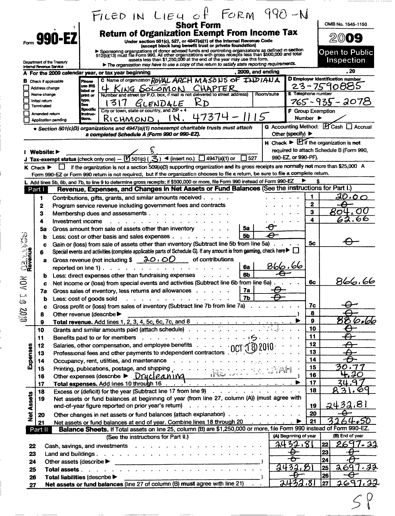 Image of first page of 2009 Form 990EO for Royal Arch Masons of Indiana - 4 King Solomon Chapter