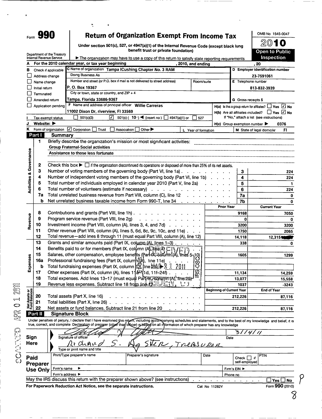 Image of first page of 2010 Form 990O for Royal Arch Masons of Florida - 3 Tampa-Cushing Chapter