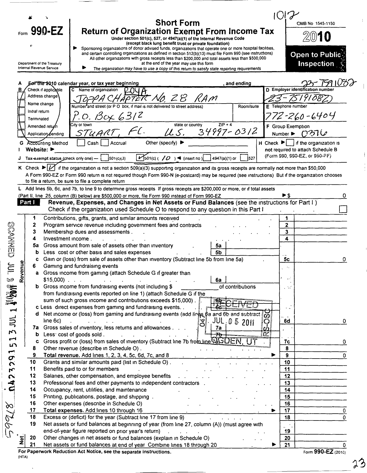 Image of first page of 2010 Form 990EO for Royal Arch Masons of Florida - 28 Joppa Chapter Ram