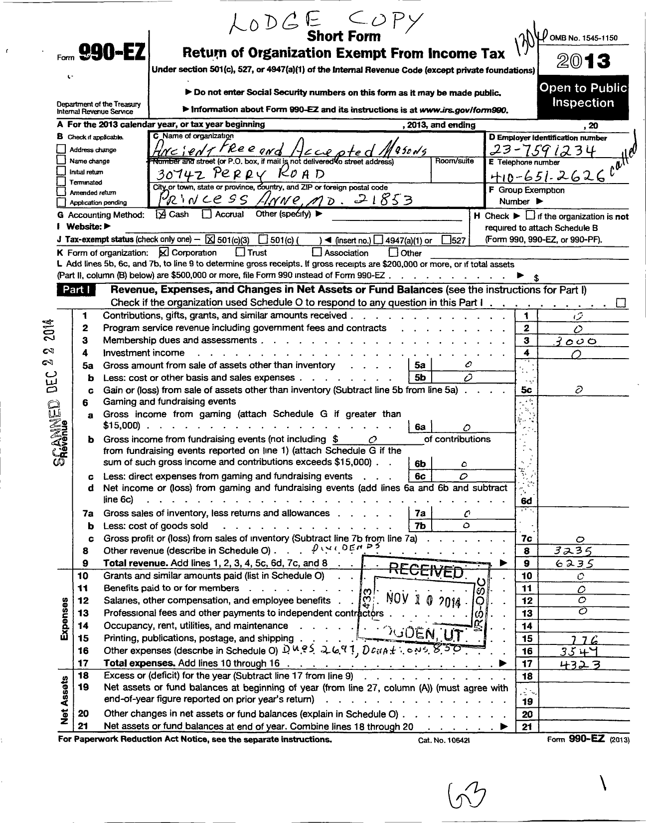 Image of first page of 2012 Form 990EZ for Ancient Free and Accepted Masons of Maryland - 106 Manokin