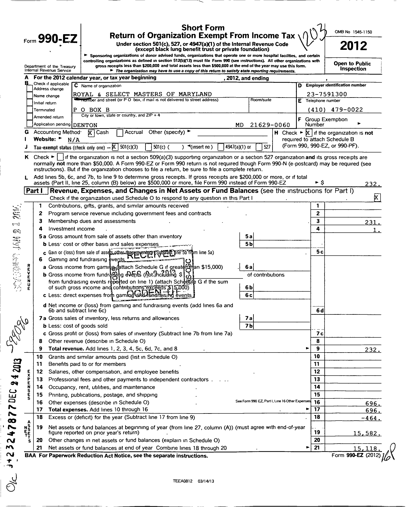 Image of first page of 2011 Form 990EZ for Royal and Select Masters of Maryland - 21 Adoniram Council No 12