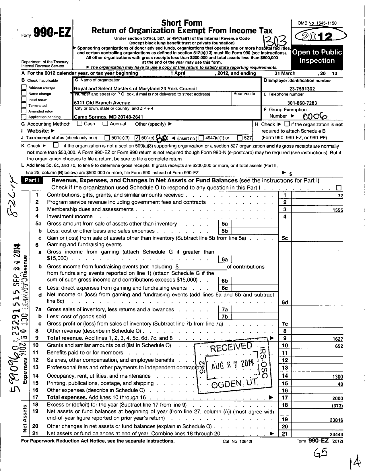 Image of first page of 2012 Form 990EO for Royal and Select Masters of Maryland - 23 York Council No 23